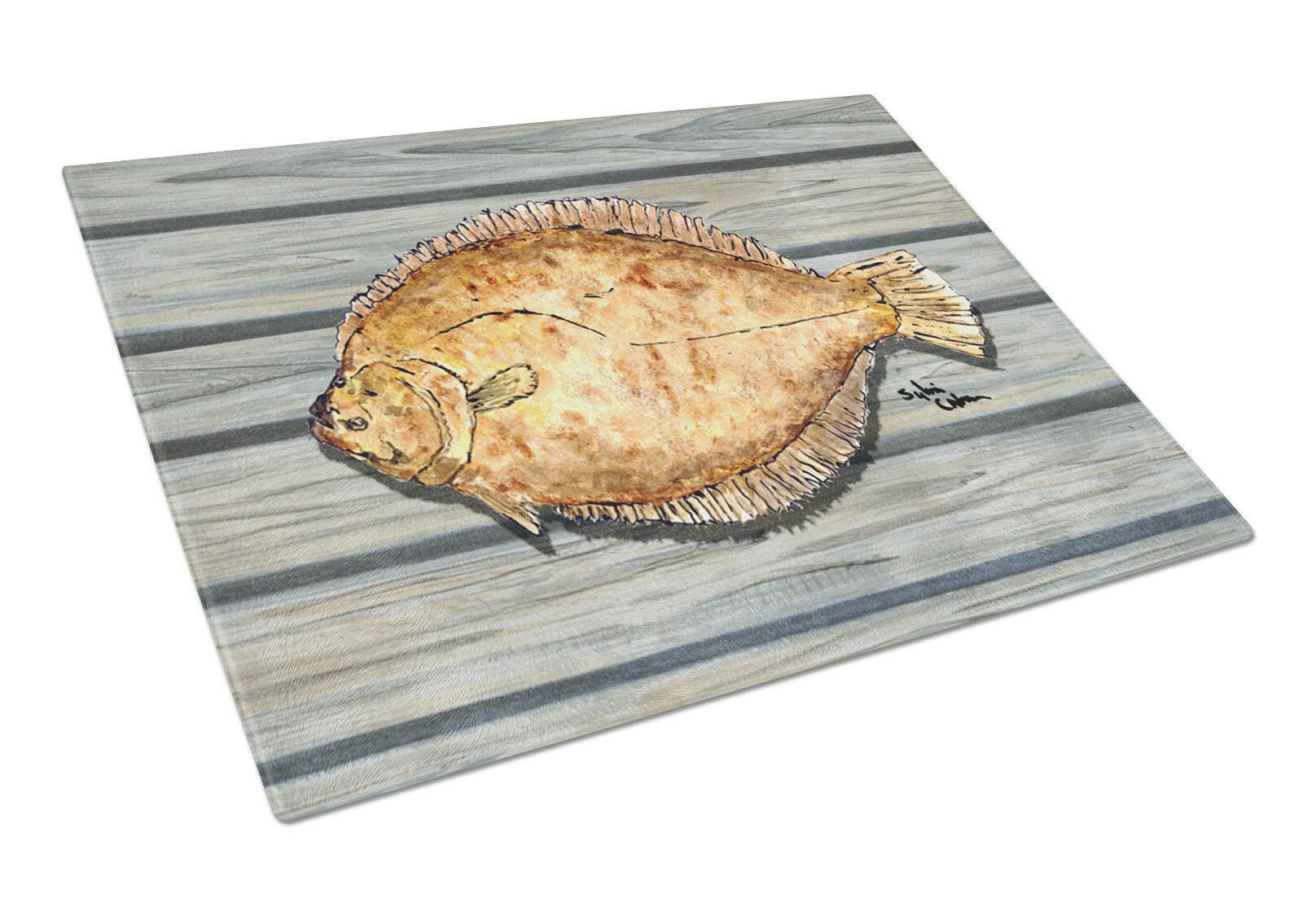 Fish Flounder Cutting Board Tempered Glass Kitchen Cutting Surface, Heat Resistant Chopping, Non-Slip Feet, Food Prep & Serving