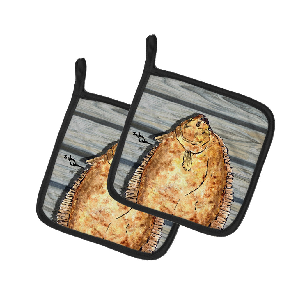 Fish Flounder Pot Holder Set of 2 Heat Resistant Quilted Hot Pads 7.5 x 7.5 Inch, Insulated Kitchen Trivets for Cooking & Baking