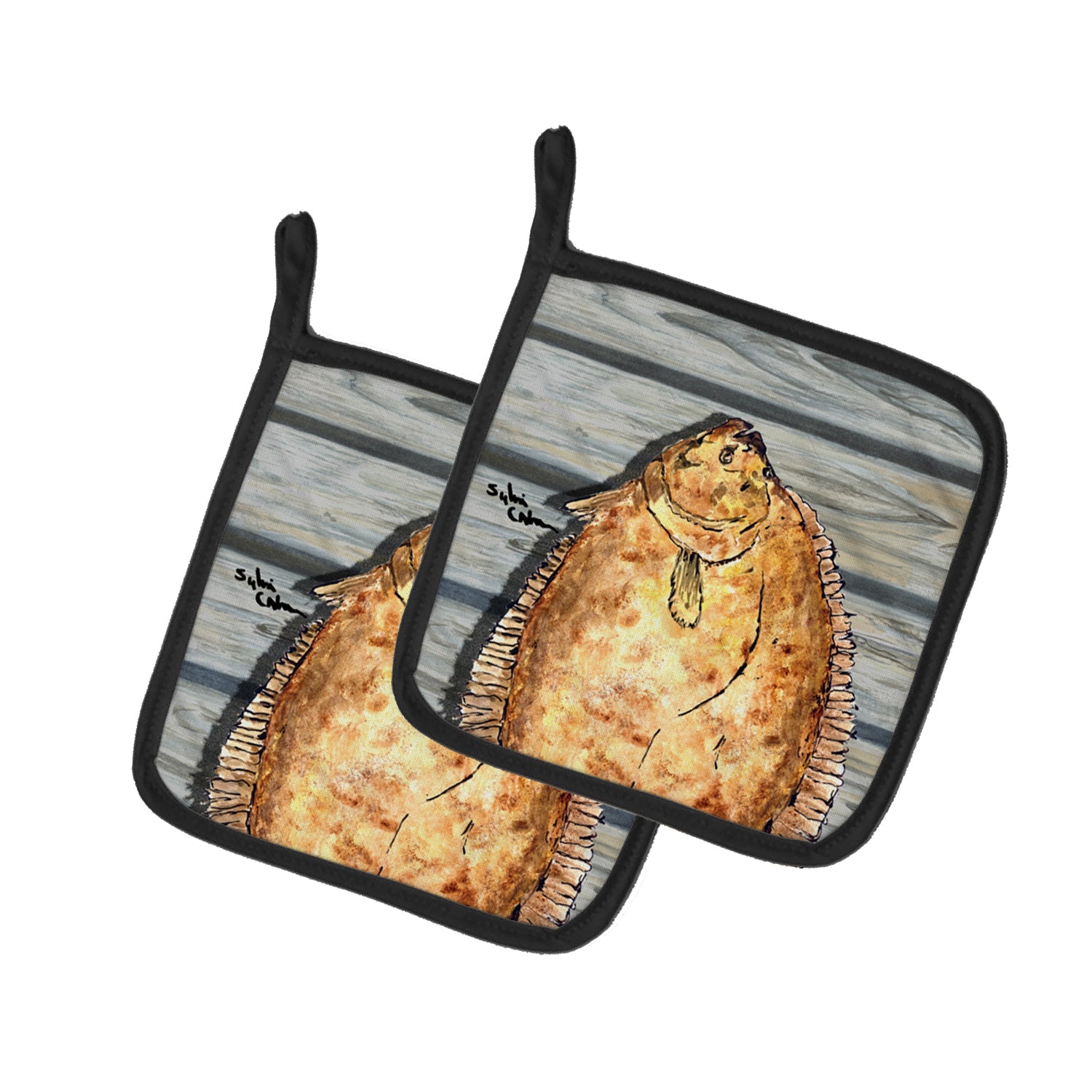 Fish Flounder Pot Holder Set of 2 Heat Resistant Quilted Hot Pads 7.5 x 7.5 Inch, Insulated Kitchen Trivets for Cooking & Baking