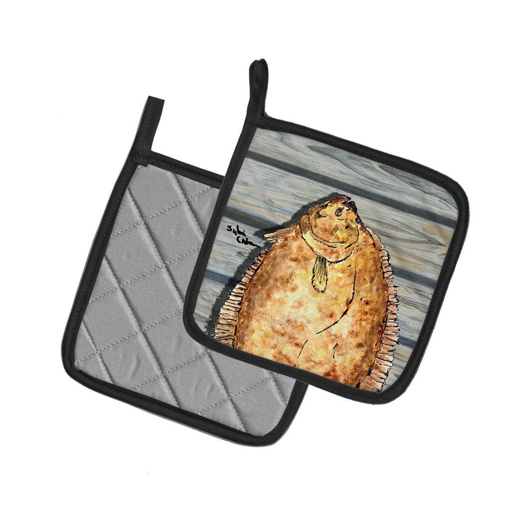 Fish Flounder Pot Holder Set of 2 Heat Resistant Quilted Hot Pads 7.5 x 7.5 Inch, Insulated Kitchen Trivets for Cooking & Baking