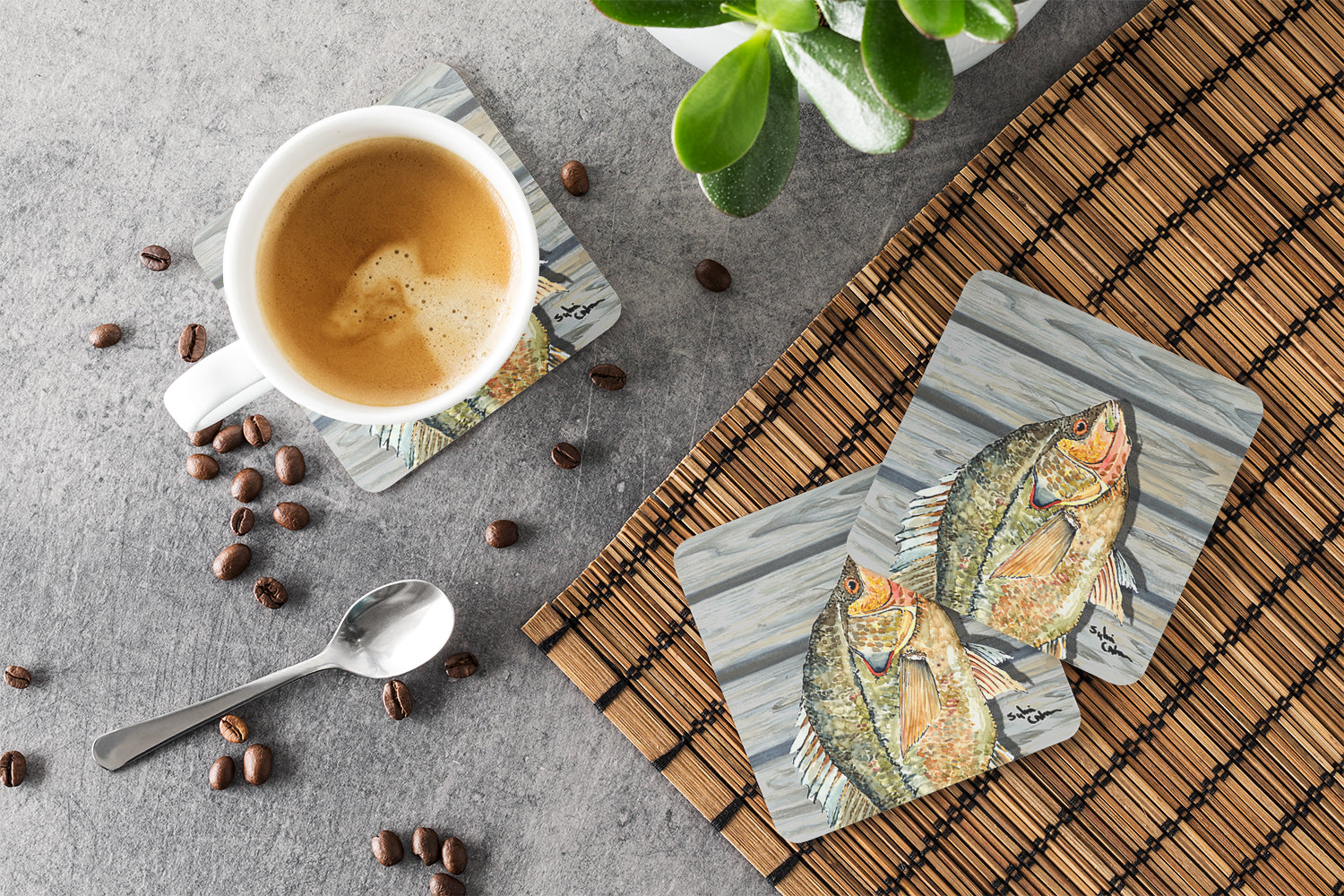 Croppie Fish on Pier Foam Coasters Set of 4 Cup Coasters for Indoor Outdoor, Tabletop Protection, Anti Slip, Mouse pad Material