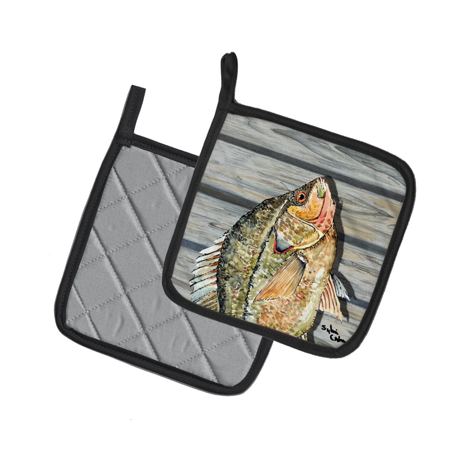 Croppie Fish on Pier Pot Holder Set of 2 Heat Resistant Quilted Hot Pads 7.5 x 7.5 Inch, Insulated Kitchen Trivets for Cooking & Baking