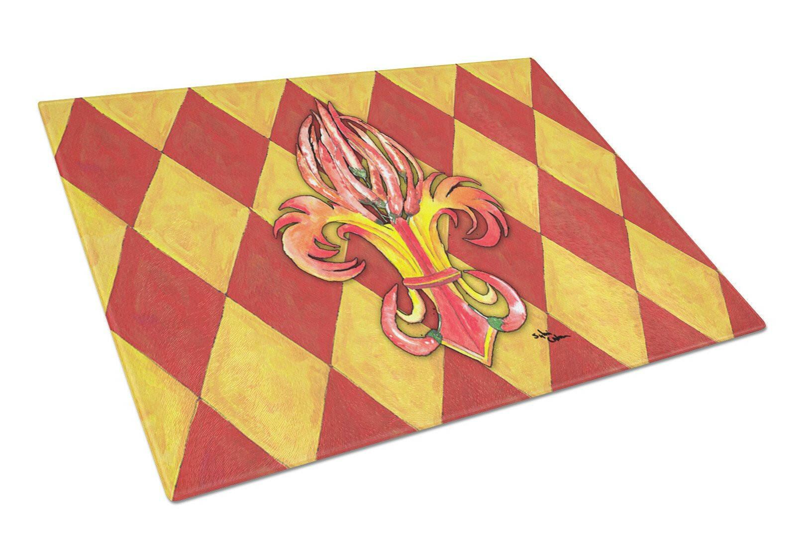 Hot Peppers Fleur de Lis Cutting Board Tempered Glass Kitchen Cutting Surface, Heat Resistant Chopping, Non-Slip Feet, Food Prep & Serving