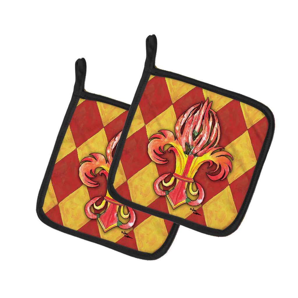 Hot Peppers Fleur de Lis Pot Holder Set of 2 Heat Resistant Quilted Hot Pads 7.5 x 7.5 Inch, Insulated Kitchen Trivets for Cooking & Baking