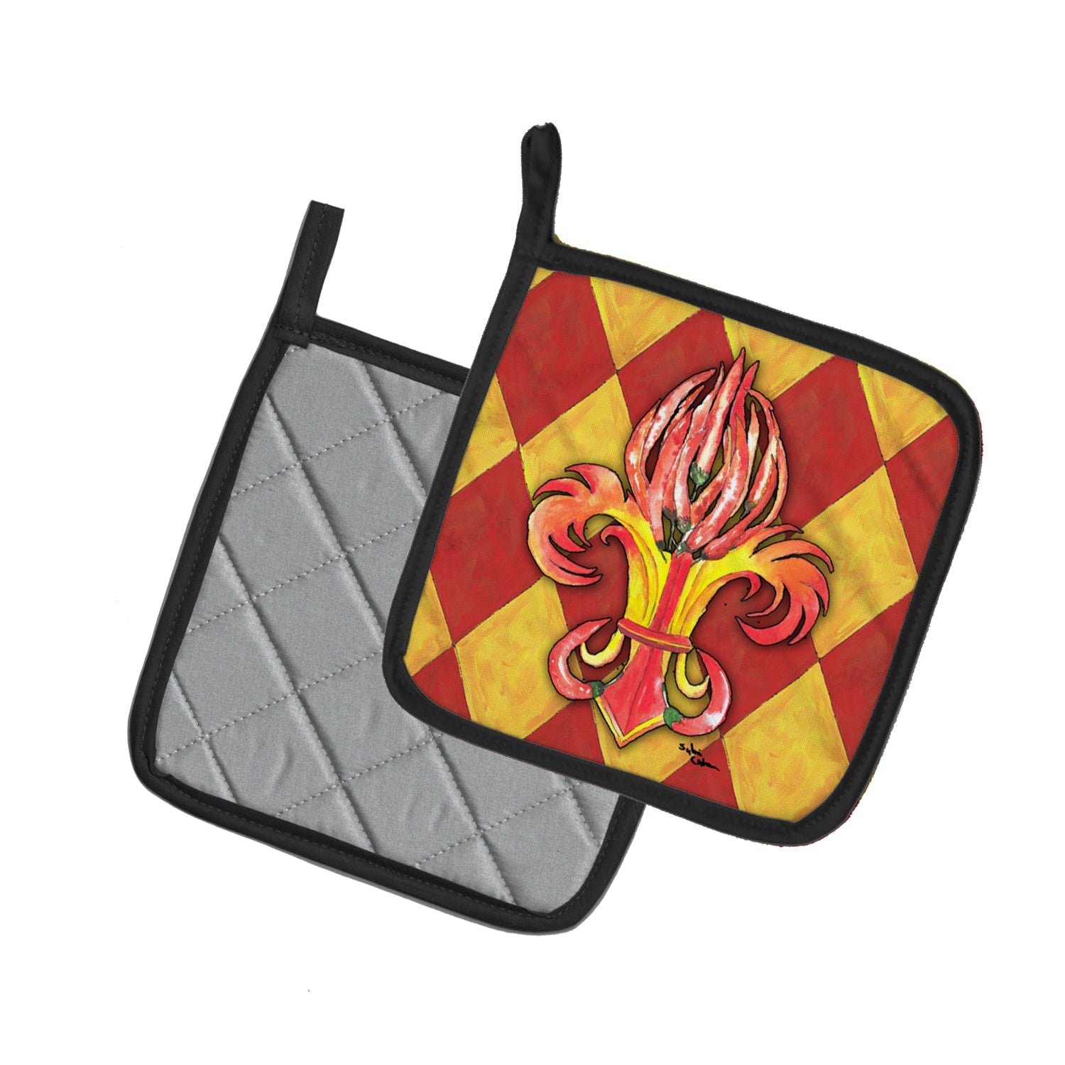 Hot Peppers Fleur de Lis Pot Holder Set of 2 Heat Resistant Quilted Hot Pads 7.5 x 7.5 Inch, Insulated Kitchen Trivets for Cooking & Baking