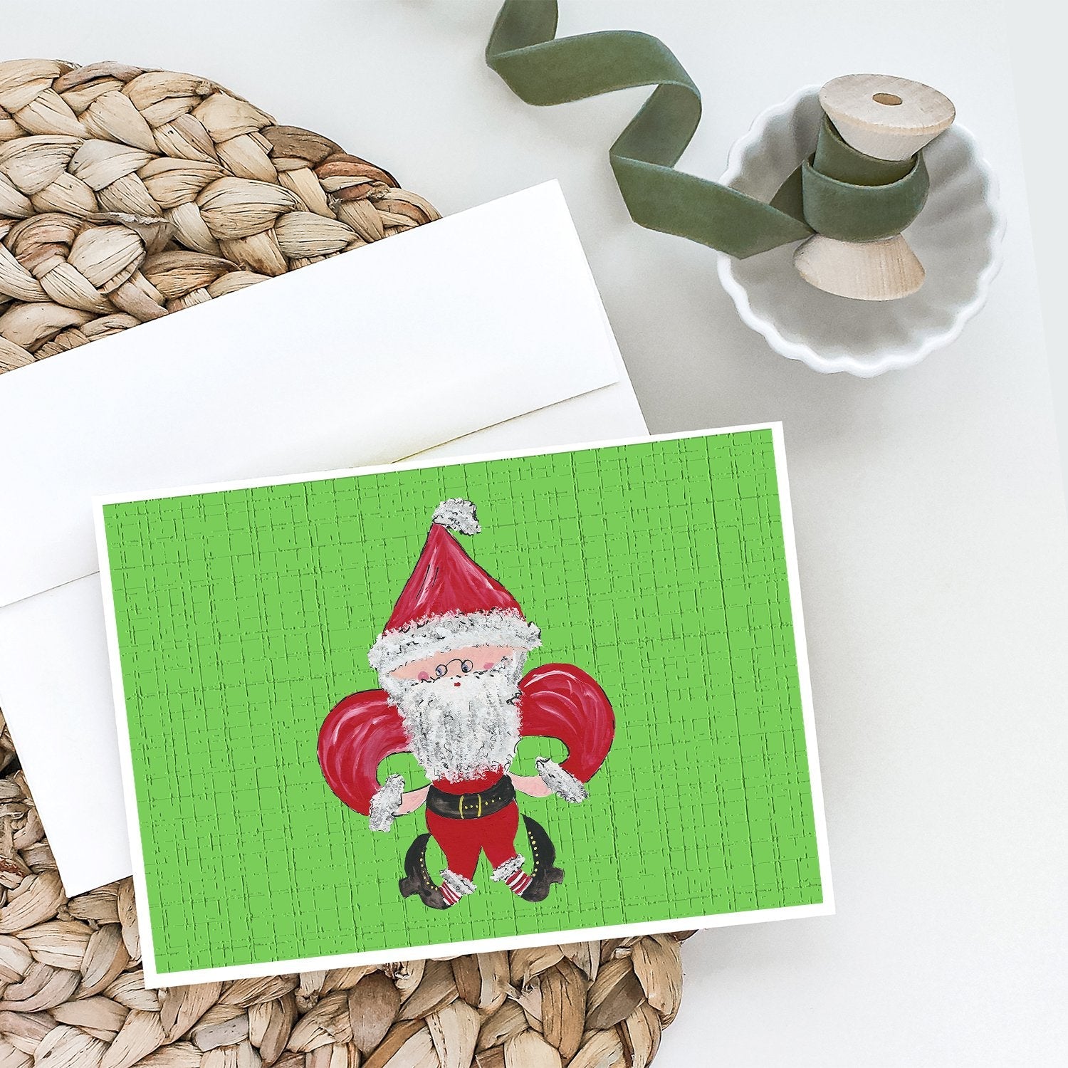 Christmas Fleur de lis Santa Claus Greeting Cards Pack of 8 Blank Cards with Envelopes Whimsical A7 Size 5x7