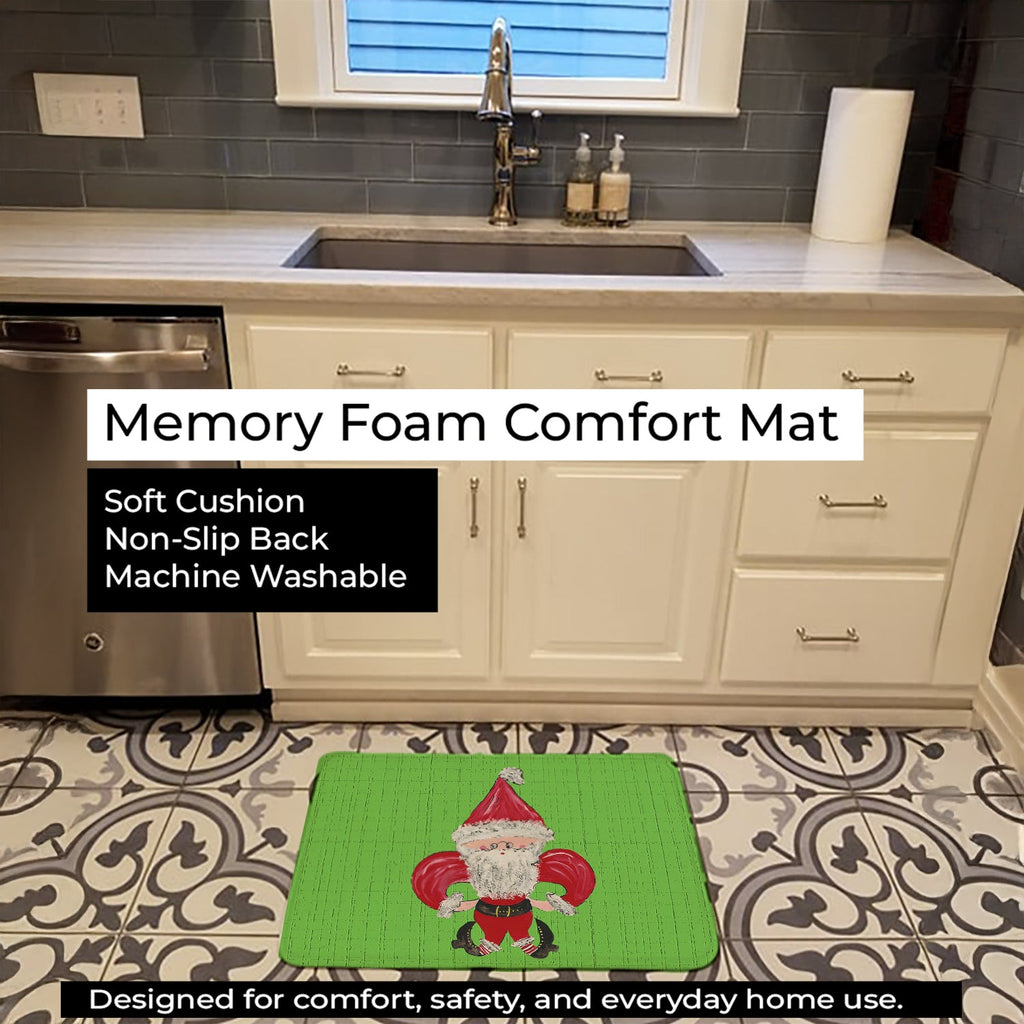 Christmas Fleur de lis Santa Claus Memory Foam Kitchen Mat Machine Washable Anti-Fatigue Cushion Comfort Bath or Kitchen Rug