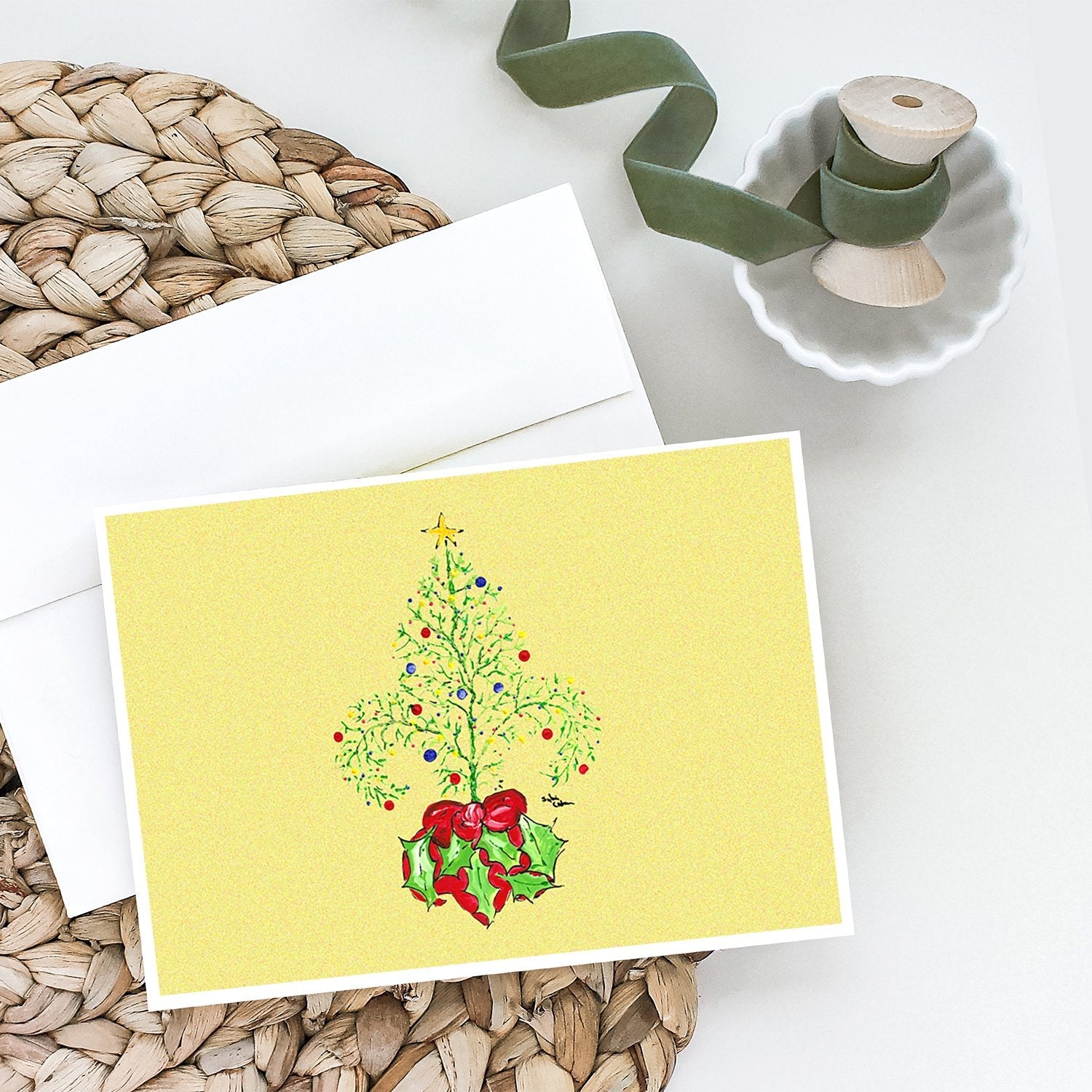 Christmas Tree Fleur de lis Greeting Cards Pack of 8 Blank Cards with Envelopes Whimsical A7 Size 5x7