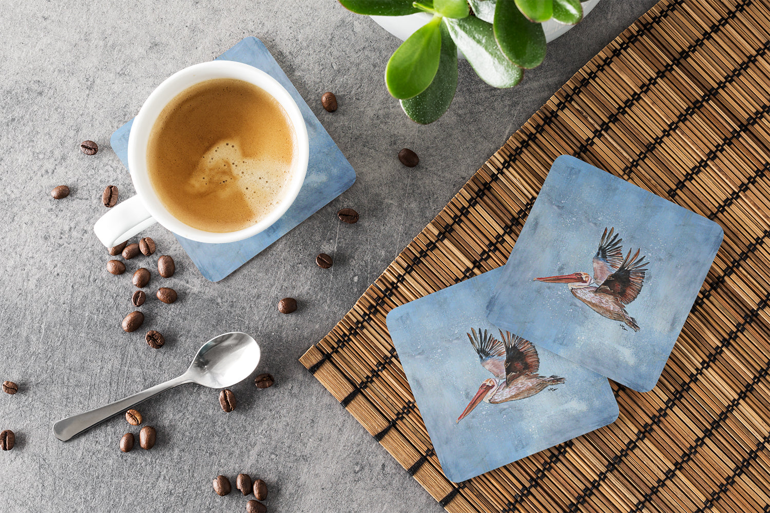 Bird - Pelican Foam Coasters Set of 4 Cup Coasters for Indoor Outdoor, Tabletop Protection, Anti Slip, Mouse pad Material