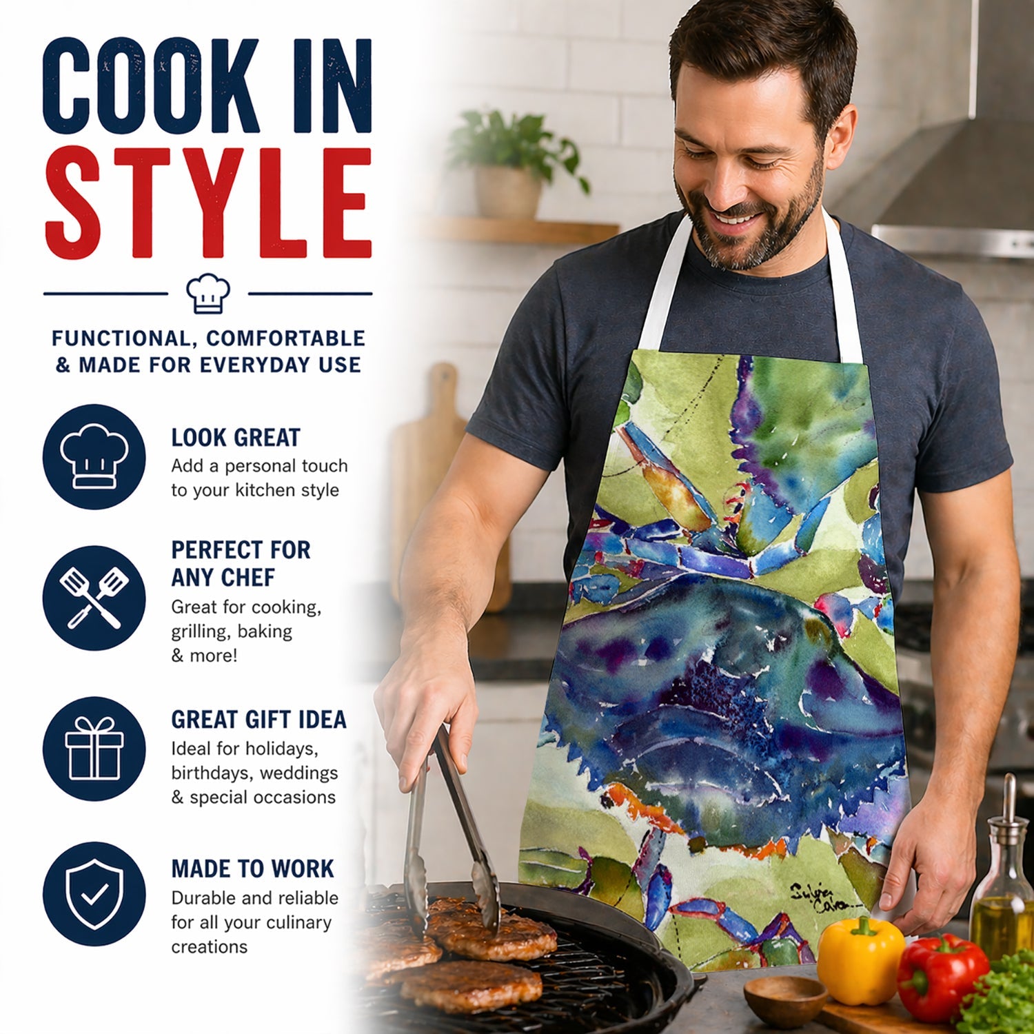 Crab All Over Apron Cooking Kitchen Server Baking Crafts Gardening for Adult Women Men, Unisex, Large, Multicolor