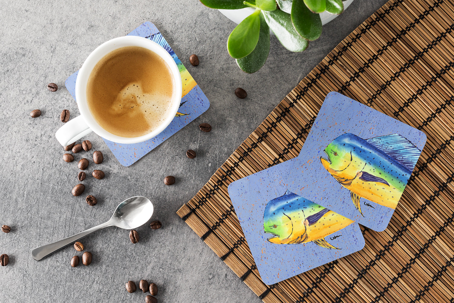 Dolphin Mahi Mahi Foam Coasters Set of 4 Cup Coasters for Indoor Outdoor, Tabletop Protection, Anti Slip, Mouse pad Material