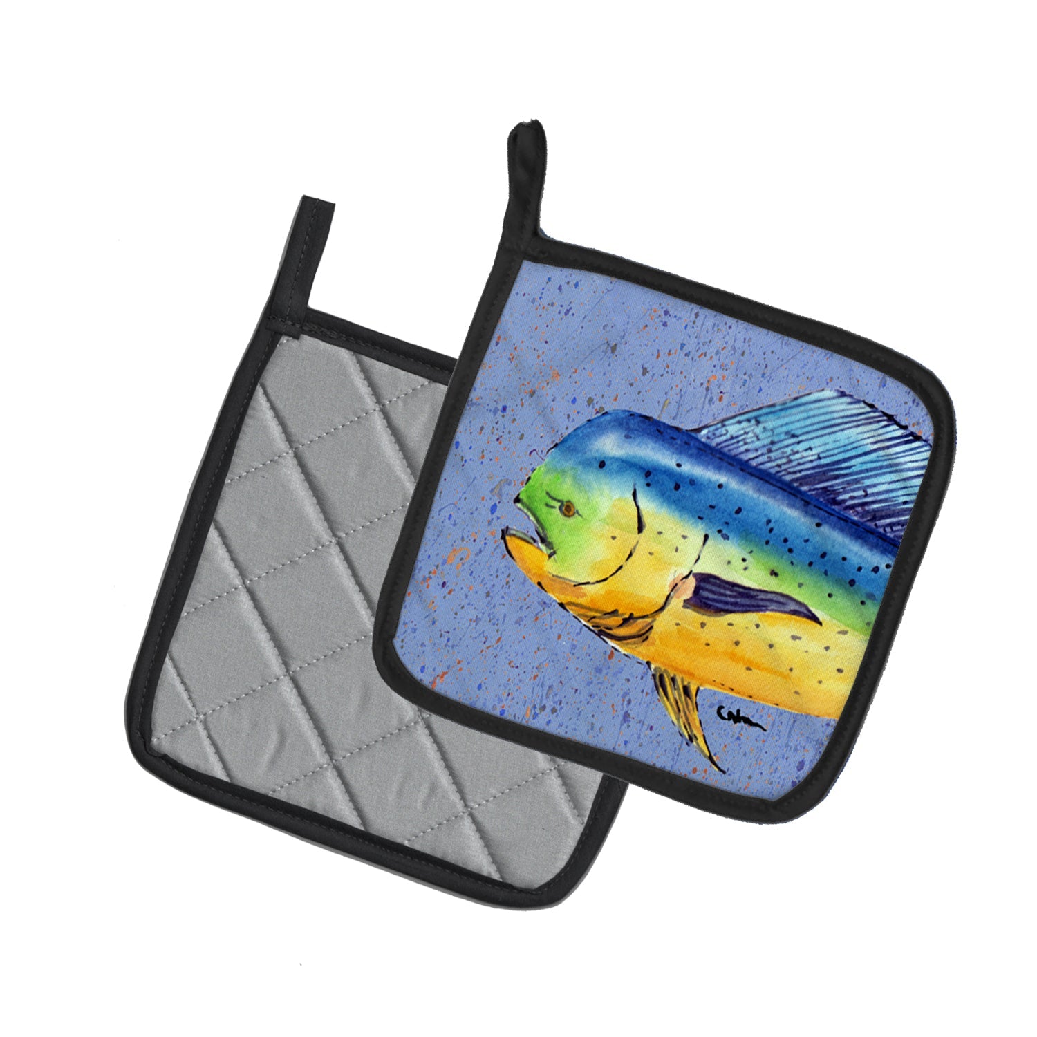 Dolphin Mahi Mahi Pot Holder Set of 2 Heat Resistant Quilted Hot Pads 7.5 x 7.5 Inch, Insulated Kitchen Trivets for Cooking & Baking