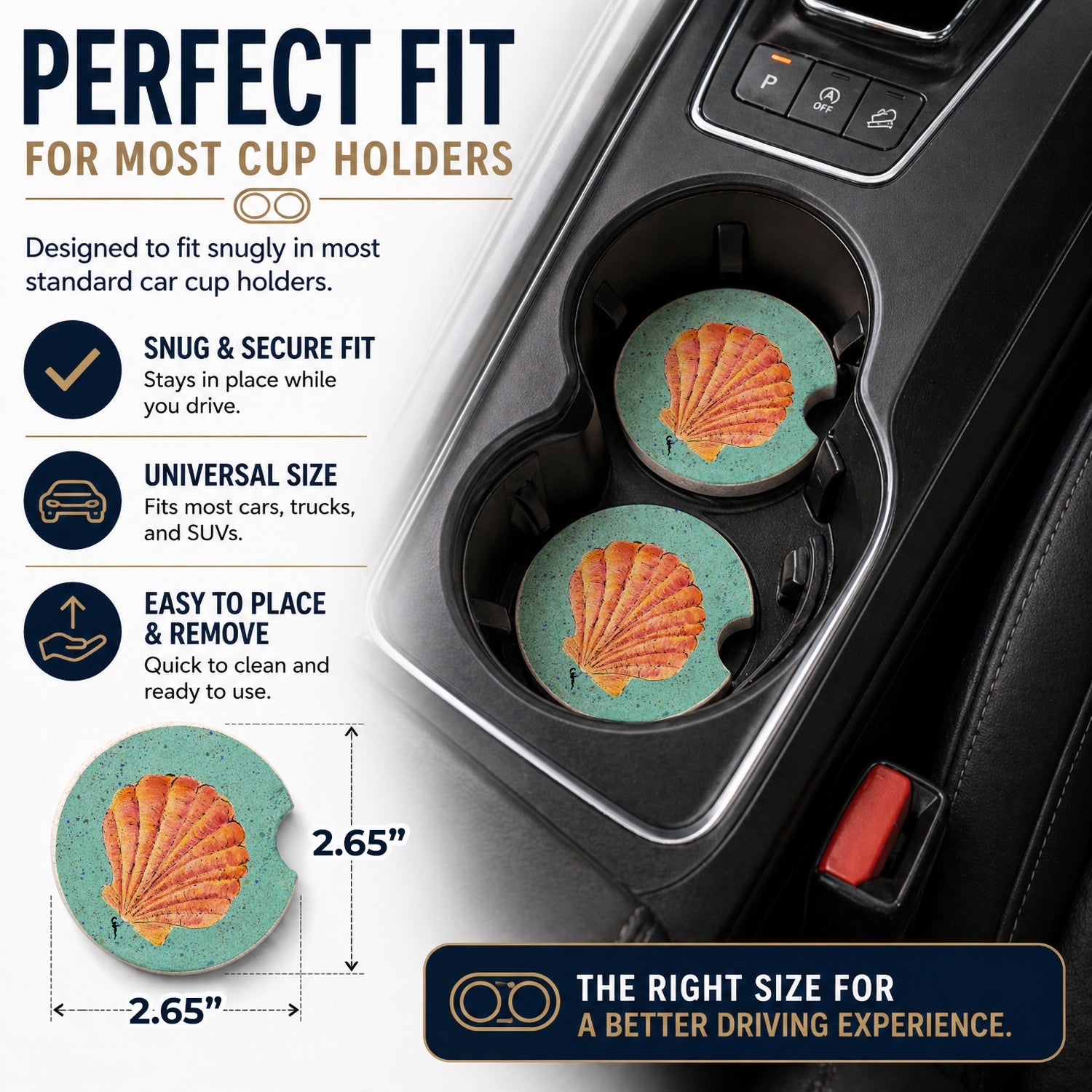 Shells Set of 2 Cup Holder Car Coasters Absorbent Round Sandstone Coasters Gifts for Men or Women, 2.5, Multicolor