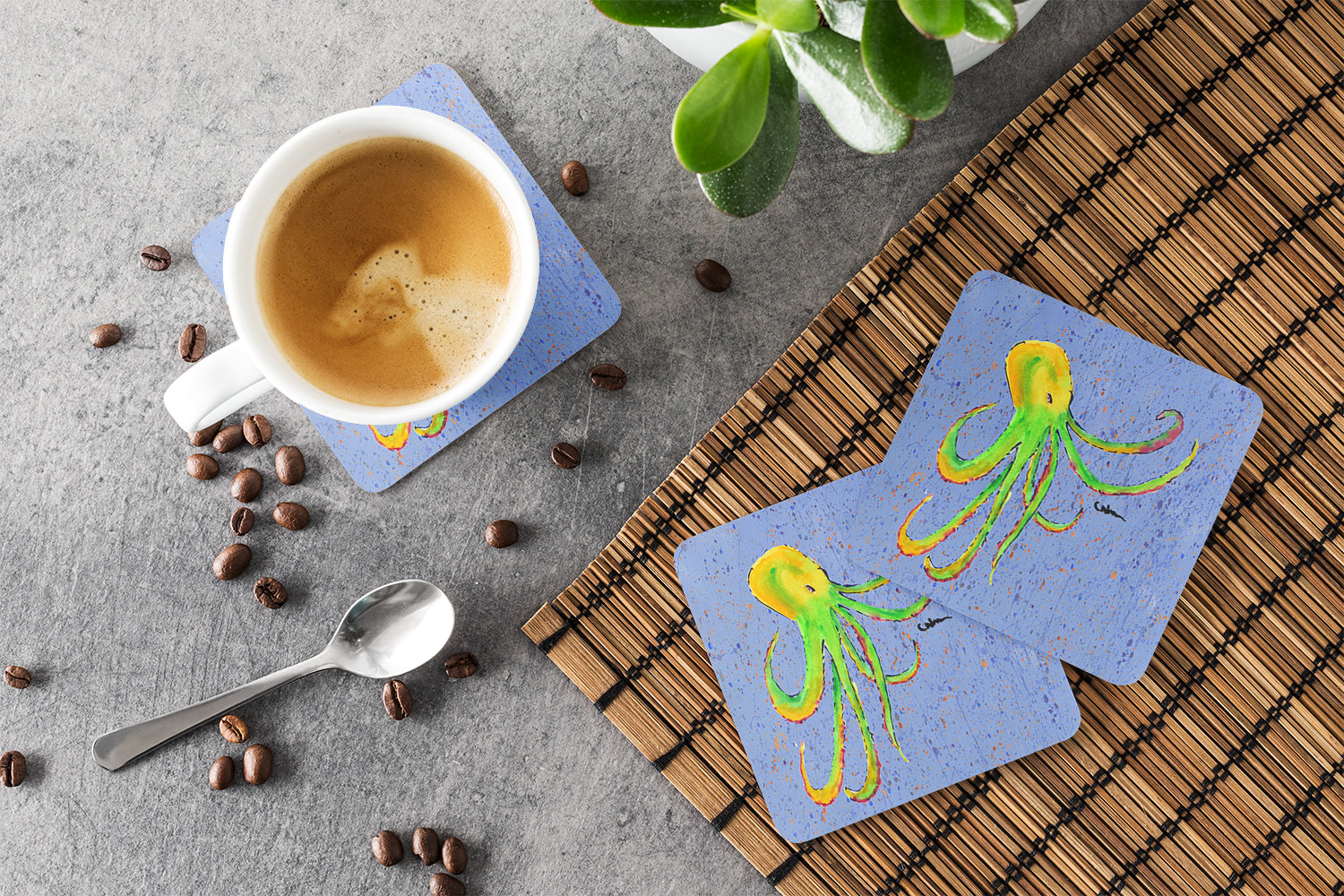 Octopus on Blue Foam Coasters Set of 4 Cup Coasters for Indoor Outdoor, Tabletop Protection, Anti Slip, Mouse pad Material