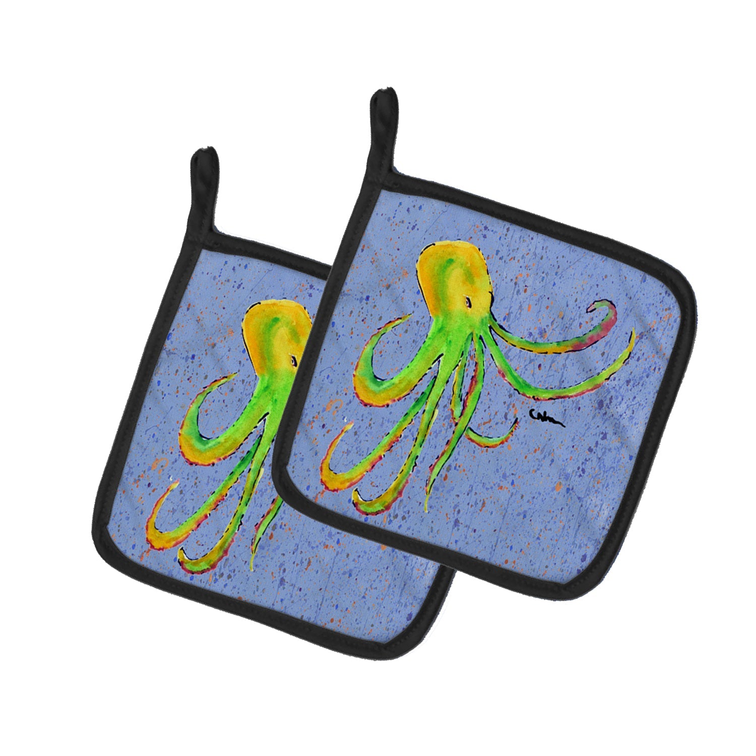 Octopus on Blue Pot Holder Set of 2 Heat Resistant Quilted Hot Pads 7.5 x 7.5 Inch, Insulated Kitchen Trivets for Cooking & Baking