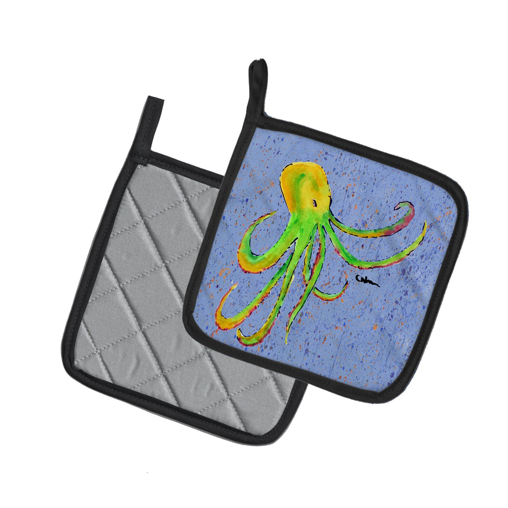 Octopus on Blue Pot Holder Set of 2 Heat Resistant Quilted Hot Pads 7.5 x 7.5 Inch, Insulated Kitchen Trivets for Cooking & Baking