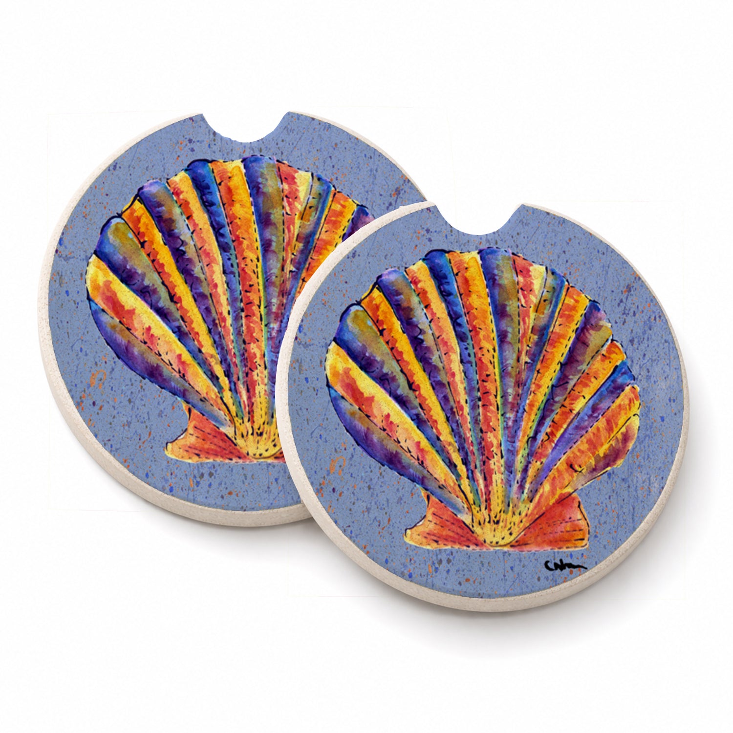 Scalloped Shell on Blue Set of 2 Cup Holder Car Coasters Absorbent Round Sandstone Coasters Gifts for Men or Women, 2.5, Multicolor