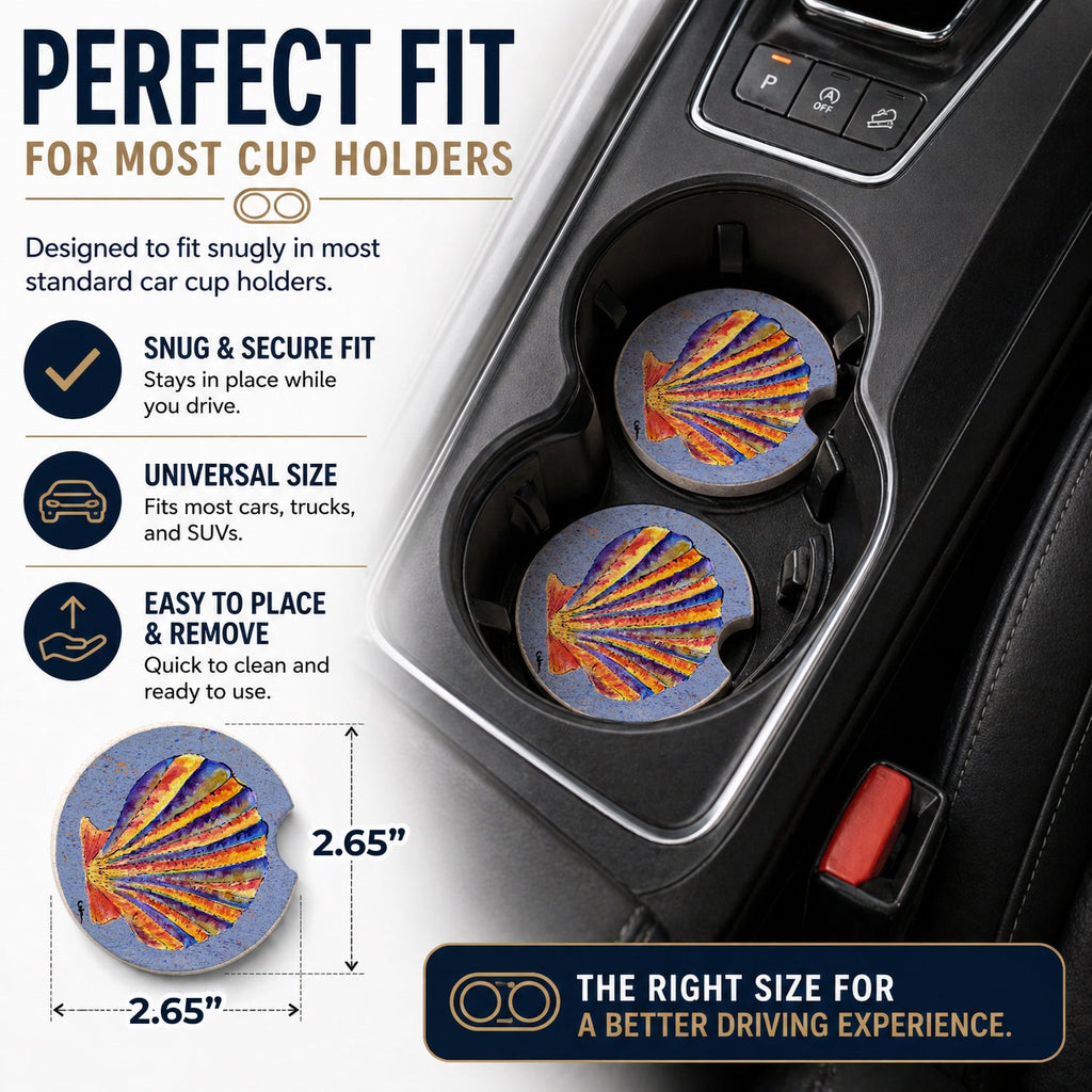 Scalloped Shell on Blue Set of 2 Cup Holder Car Coasters Absorbent Round Sandstone Coasters Gifts for Men or Women, 2.5, Multicolor