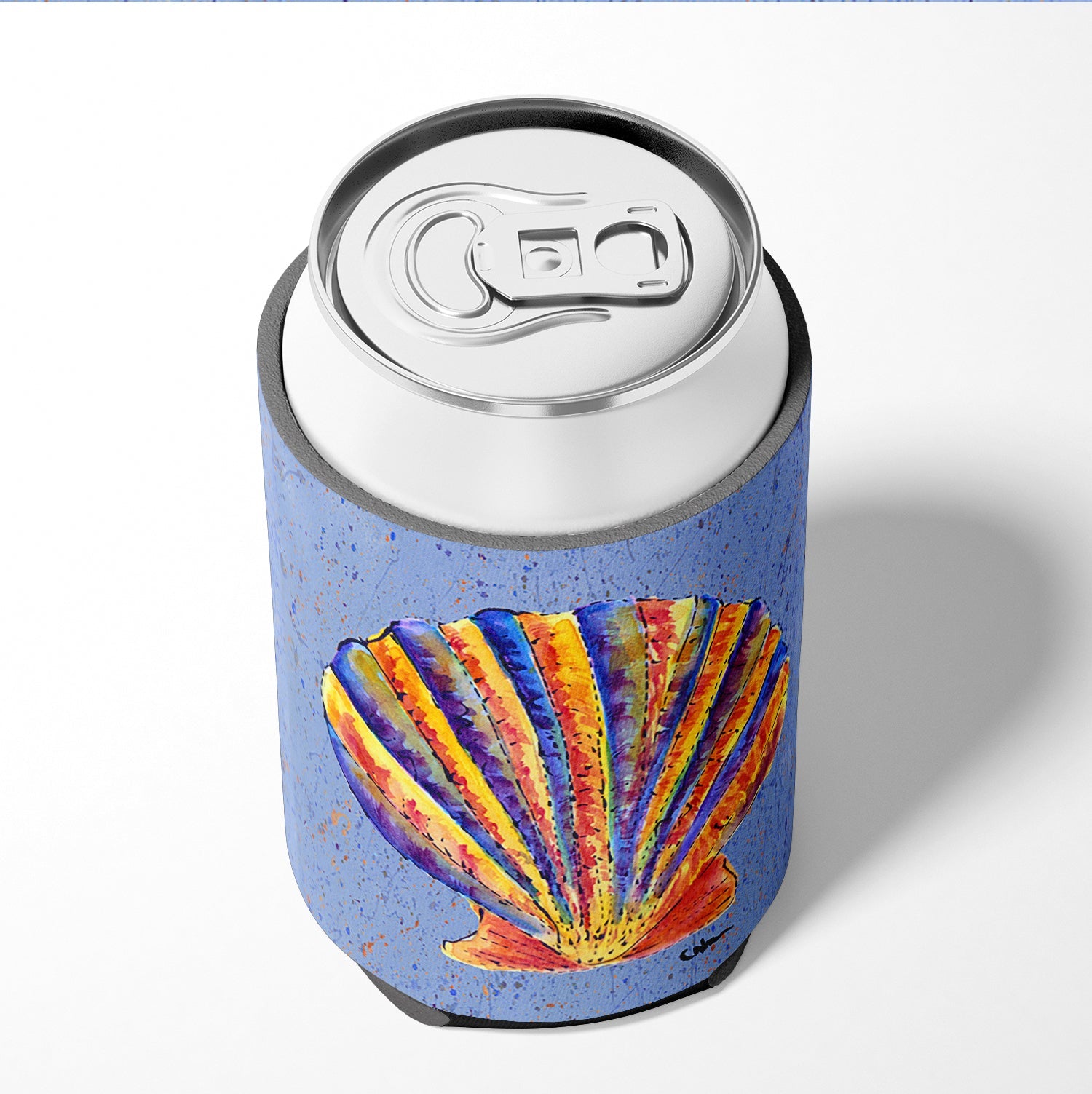 Scalloped Shell on Blue Can or Bottle Hugger Cooler Sleeve for Standard 12 oz Cans, Insulated Foam Beer & Soda Can Hugger Reusable