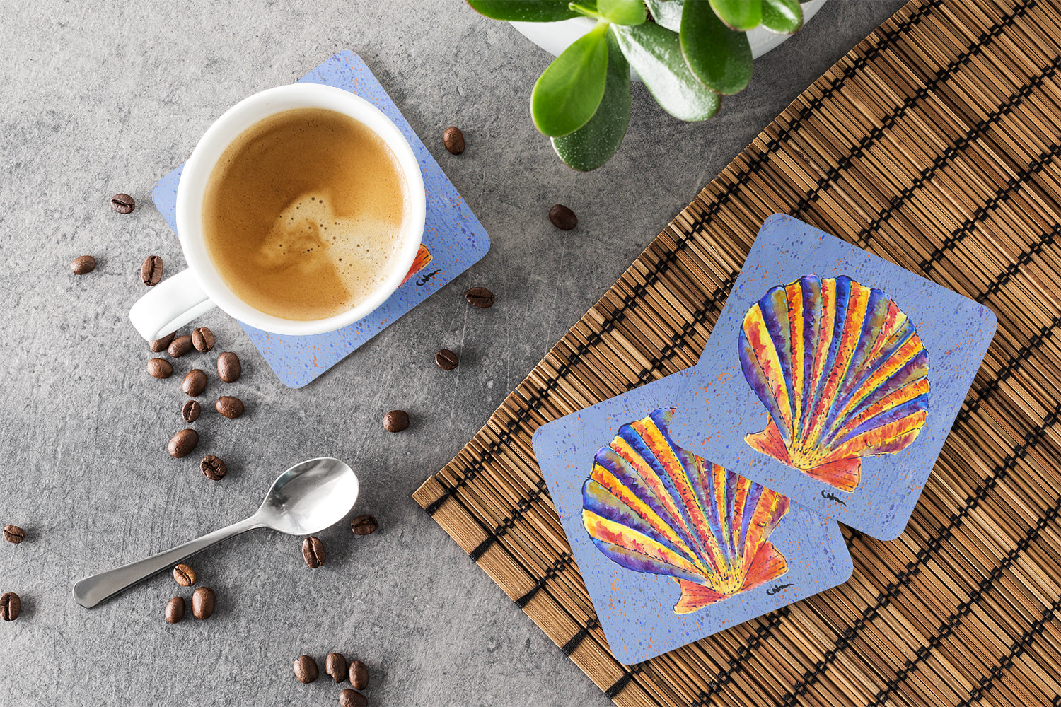 Scalloped Shell on Blue Foam Coasters Set of 4 Cup Coasters for Indoor Outdoor, Tabletop Protection, Anti Slip, Mouse pad Material