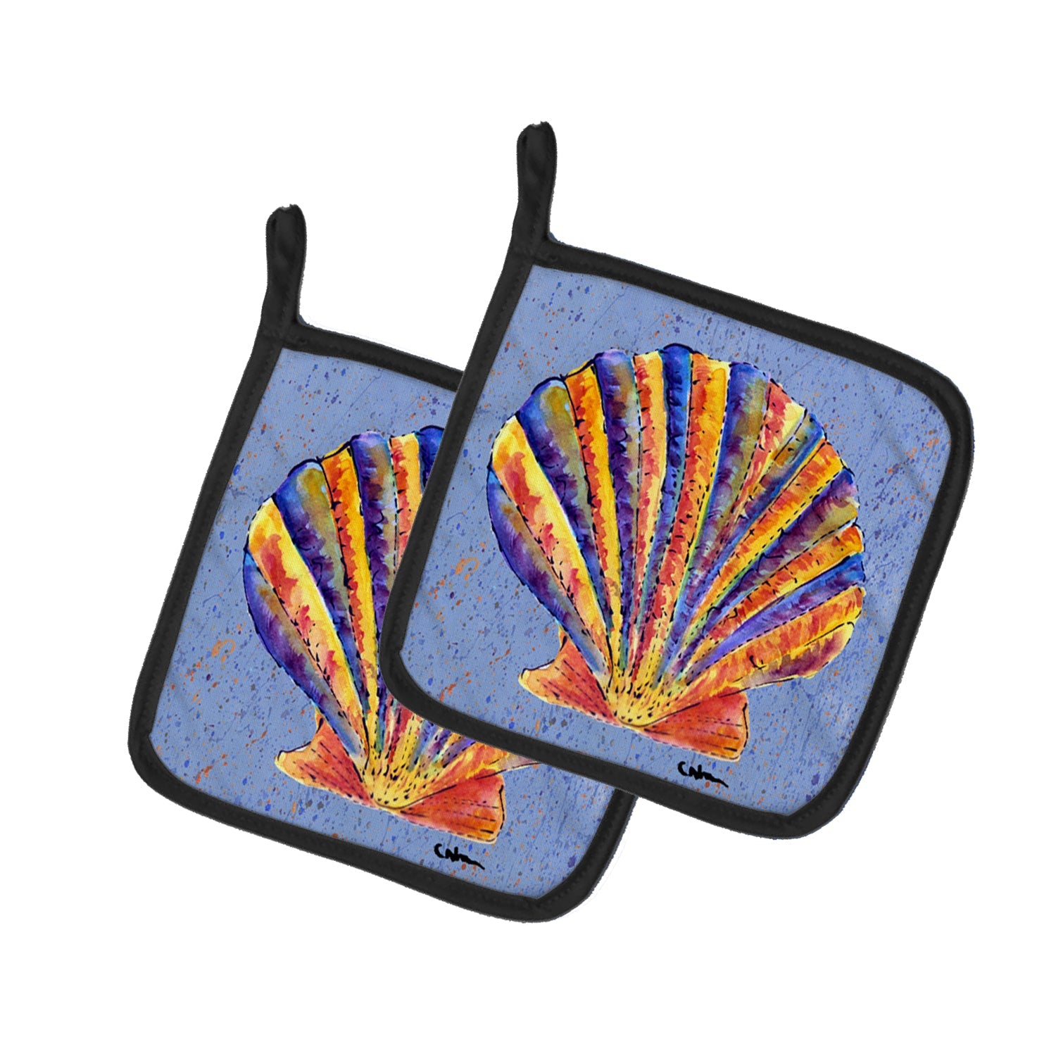 Scalloped Shell on Blue Pot Holder Set of 2 Heat Resistant Quilted Hot Pads 7.5 x 7.5 Inch, Insulated Kitchen Trivets for Cooking & Baking