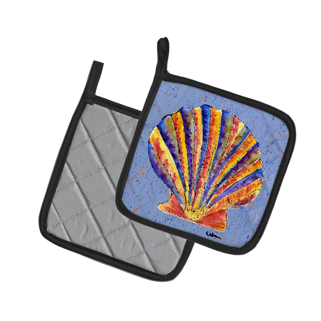 Scalloped Shell on Blue Pot Holder Set of 2 Heat Resistant Quilted Hot Pads 7.5 x 7.5 Inch, Insulated Kitchen Trivets for Cooking & Baking