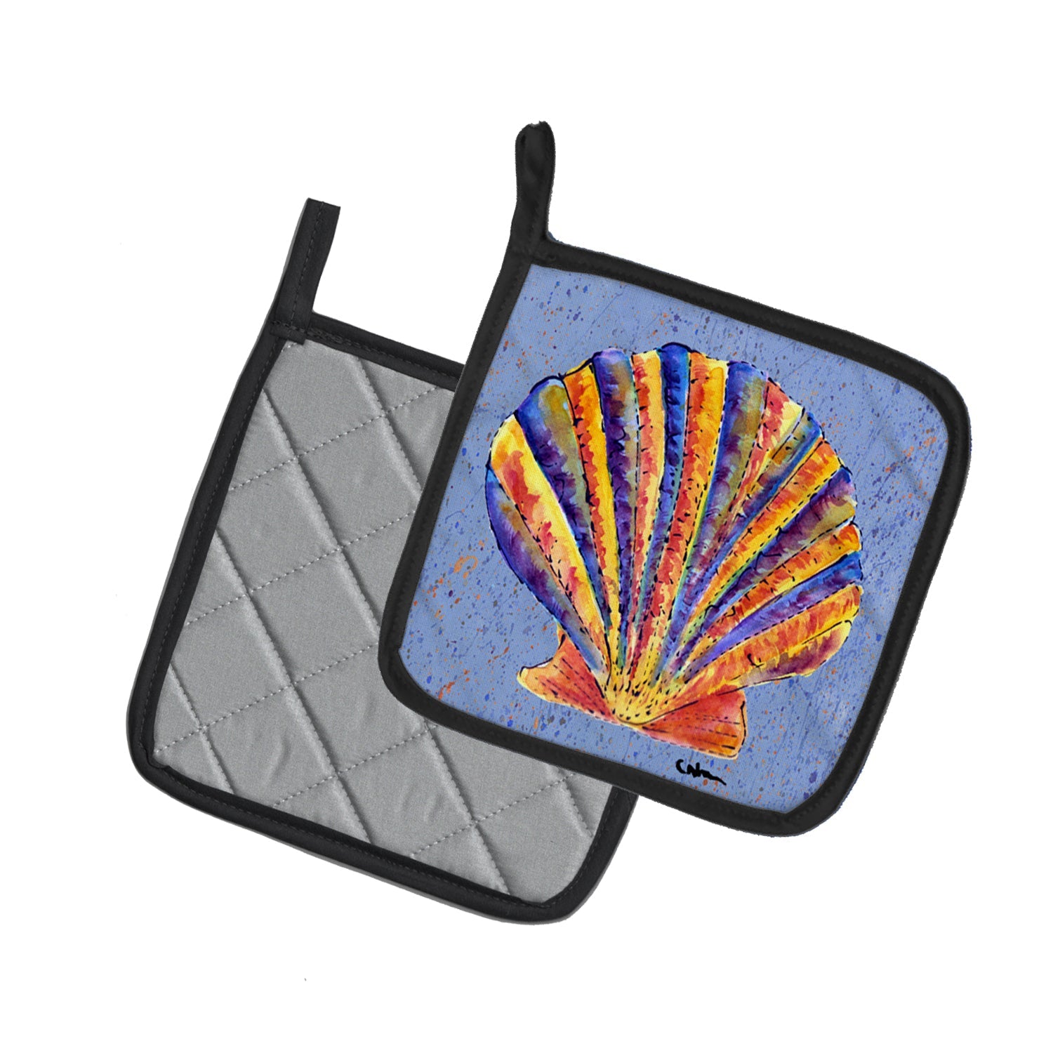 Scalloped Shell on Blue Pot Holder Set of 2 Heat Resistant Quilted Hot Pads 7.5 x 7.5 Inch, Insulated Kitchen Trivets for Cooking & Baking