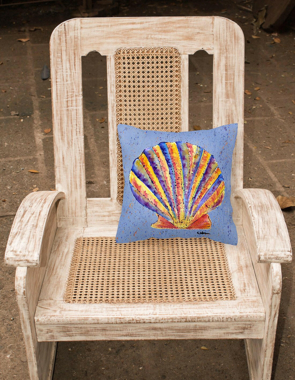 Scalloped Shell on Blue Decorative Throw Pillow 14x14 Indoor Outdoor Accent Cushion, Fabric Cover with Insert for Sofa, Bed, Porch & Living Room