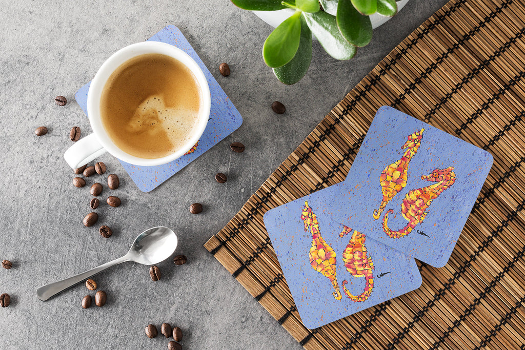 Seahorses on Blue Foam Coasters Set of 4 Cup Coasters for Indoor Outdoor, Tabletop Protection, Anti Slip, Mouse pad Material