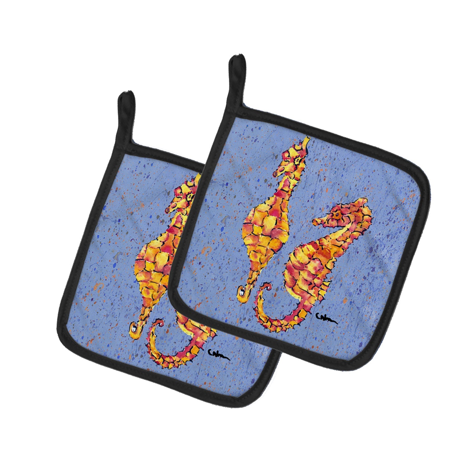 Seahorses on Blue Pot Holder Set of 2 Heat Resistant Quilted Hot Pads 7.5 x 7.5 Inch, Insulated Kitchen Trivets for Cooking & Baking