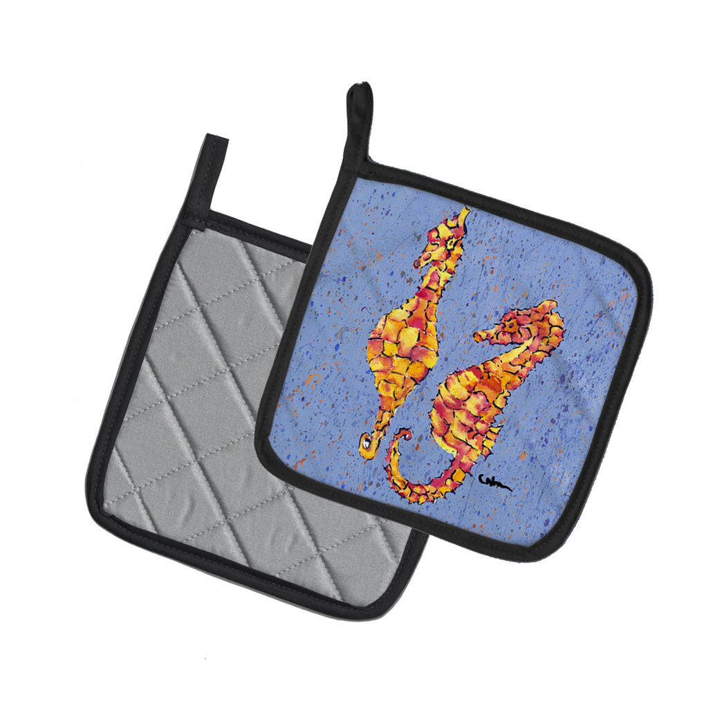Seahorses on Blue Pot Holder Set of 2 Heat Resistant Quilted Hot Pads 7.5 x 7.5 Inch, Insulated Kitchen Trivets for Cooking & Baking