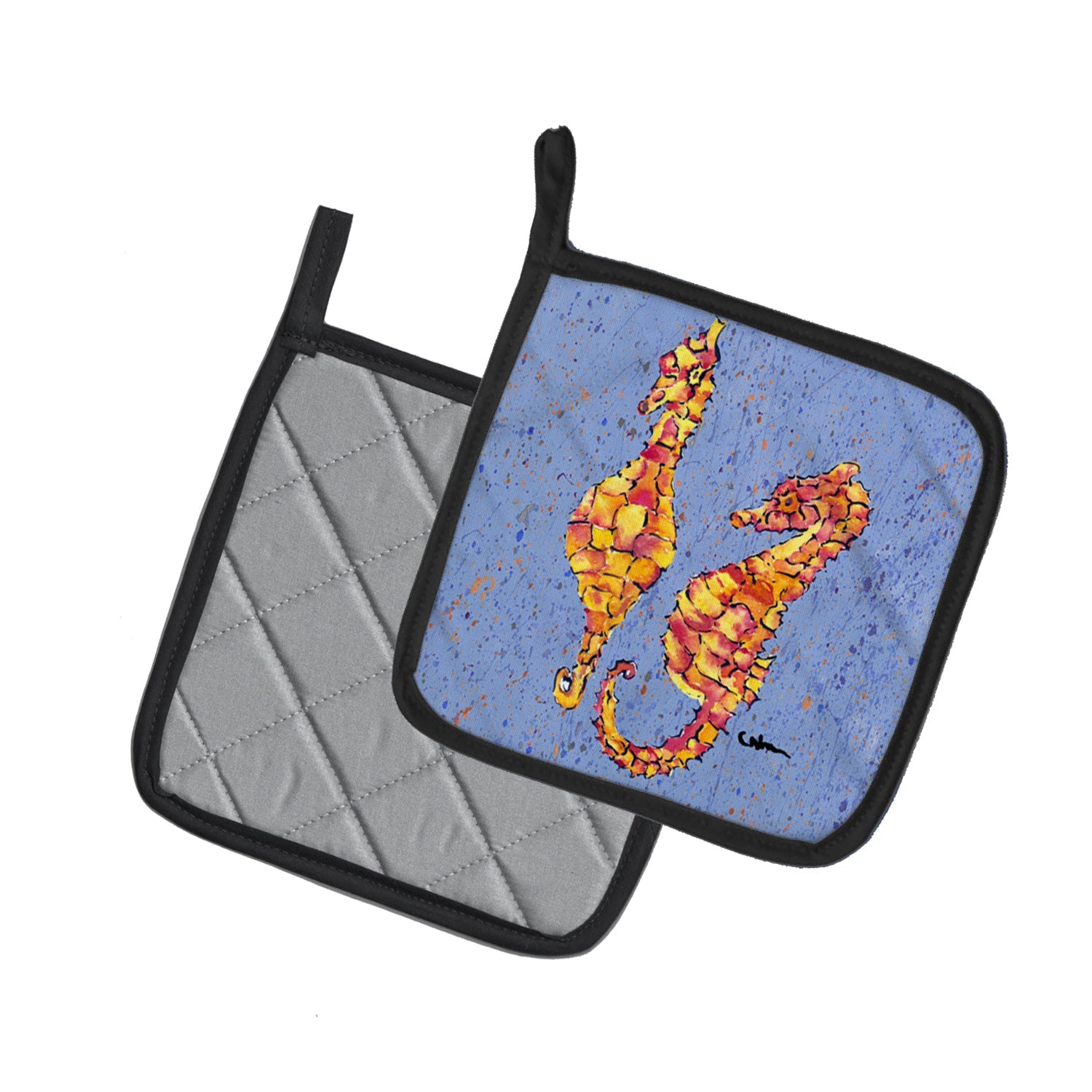 Seahorses on Blue Pot Holder Set of 2 Heat Resistant Quilted Hot Pads 7.5 x 7.5 Inch, Insulated Kitchen Trivets for Cooking & Baking