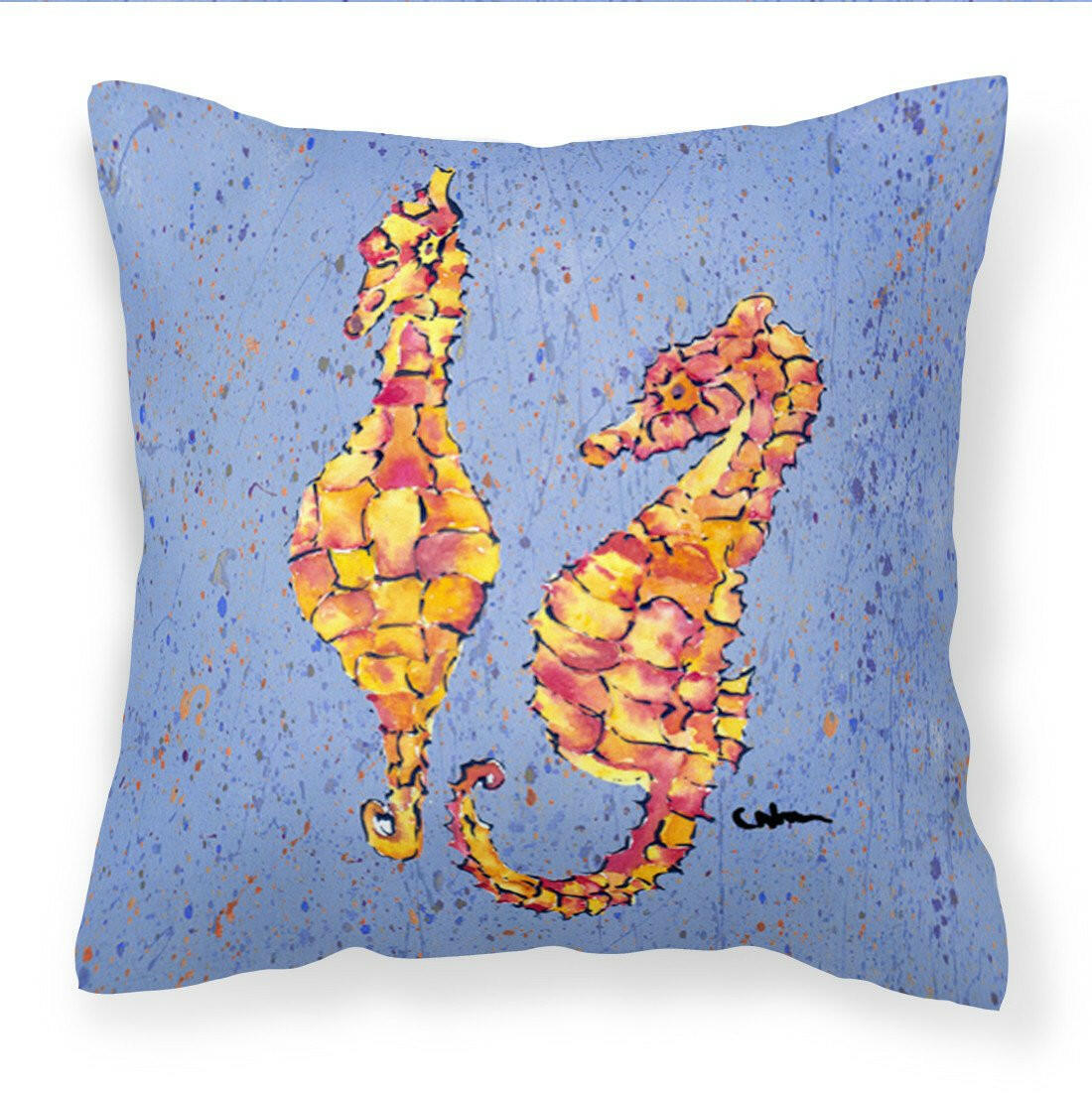 Seahorses on Blue Decorative Throw Pillow 14x14 Indoor Outdoor Accent Cushion, Fabric Cover with Insert for Sofa, Bed, Porch & Living Room