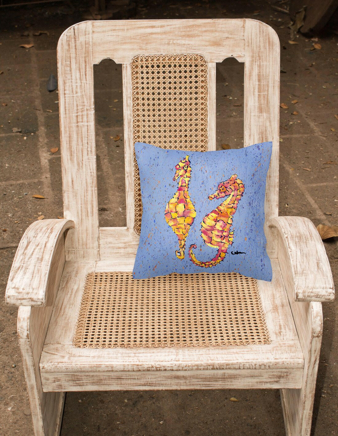 Seahorses on Blue Decorative Throw Pillow 14x14 Indoor Outdoor Accent Cushion, Fabric Cover with Insert for Sofa, Bed, Porch & Living Room