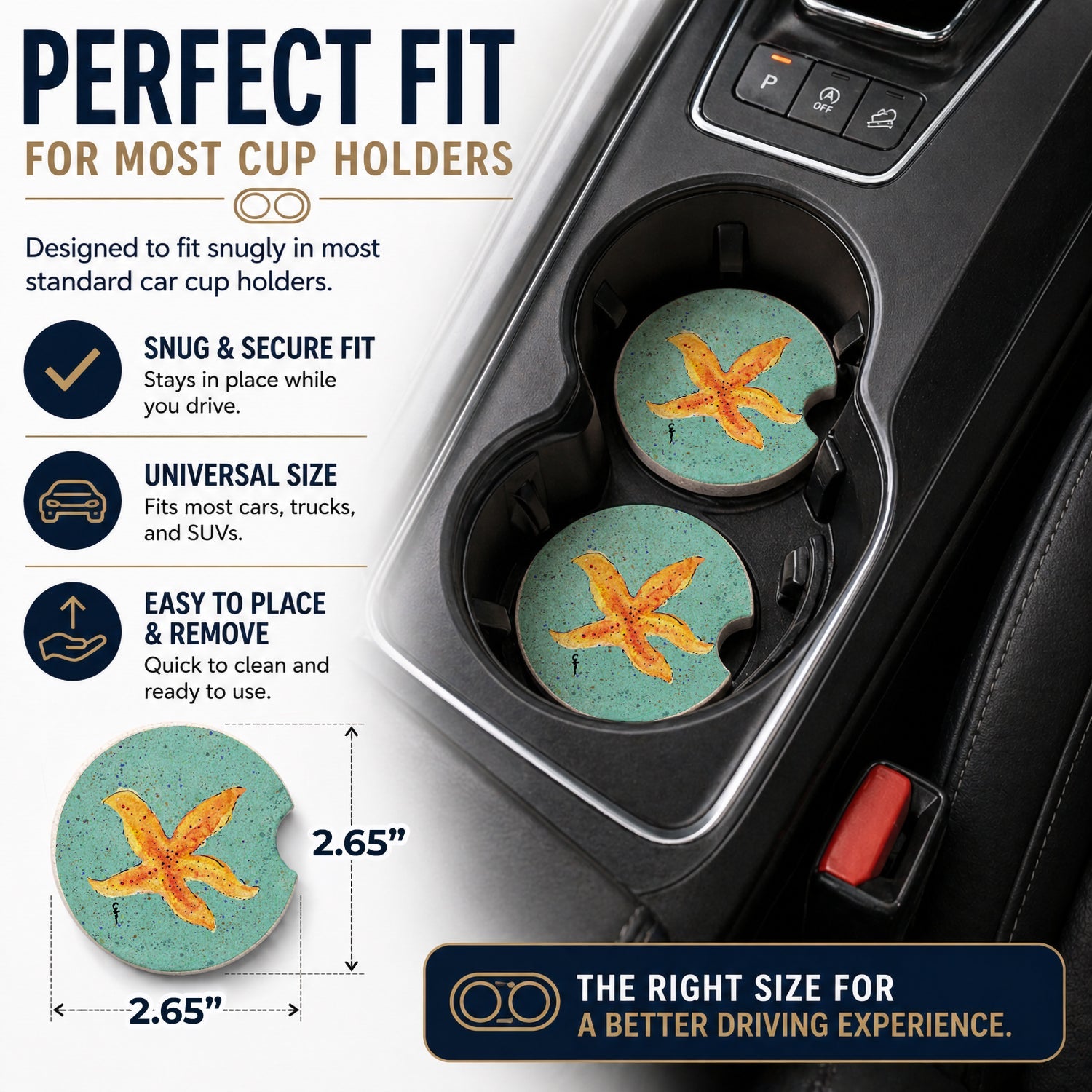 Starfish on Teal Set of 2 Cup Holder Car Coasters Absorbent Round Sandstone Coasters Gifts for Men or Women, 2.5, Multicolor