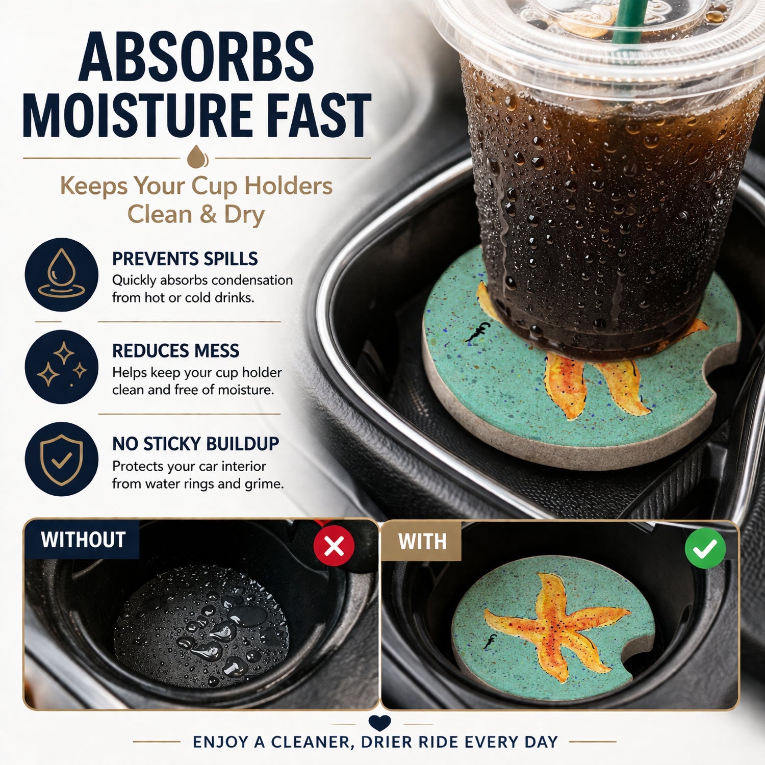 Starfish on Teal Set of 2 Cup Holder Car Coasters Absorbent Round Sandstone Coasters Gifts for Men or Women, 2.5, Multicolor