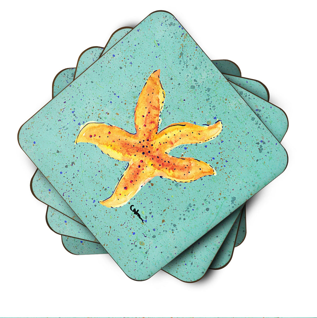 Starfish on Teal Foam Coasters Set of 4 Cup Coasters for Indoor Outdoor, Tabletop Protection, Anti Slip, Mouse pad Material