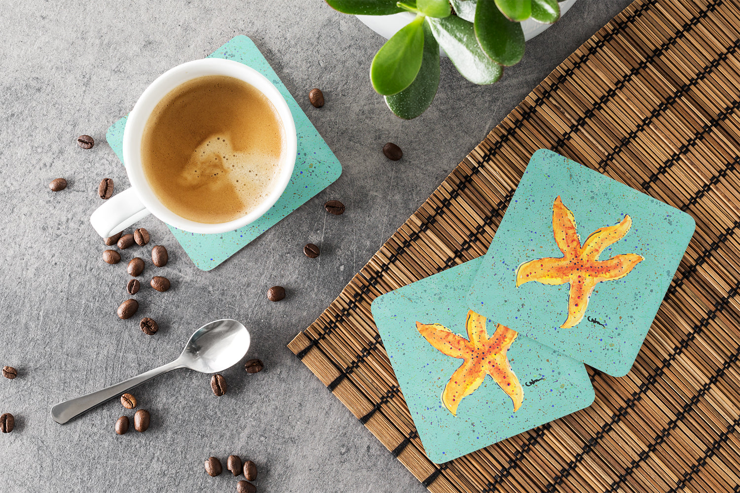 Starfish on Teal Foam Coasters Set of 4 Cup Coasters for Indoor Outdoor, Tabletop Protection, Anti Slip, Mouse pad Material