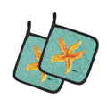 Starfish on Teal Pot Holder Set of 2 Heat Resistant Quilted Hot Pads 7.5 x 7.5 Inch, Insulated Kitchen Trivets for Cooking & Baking