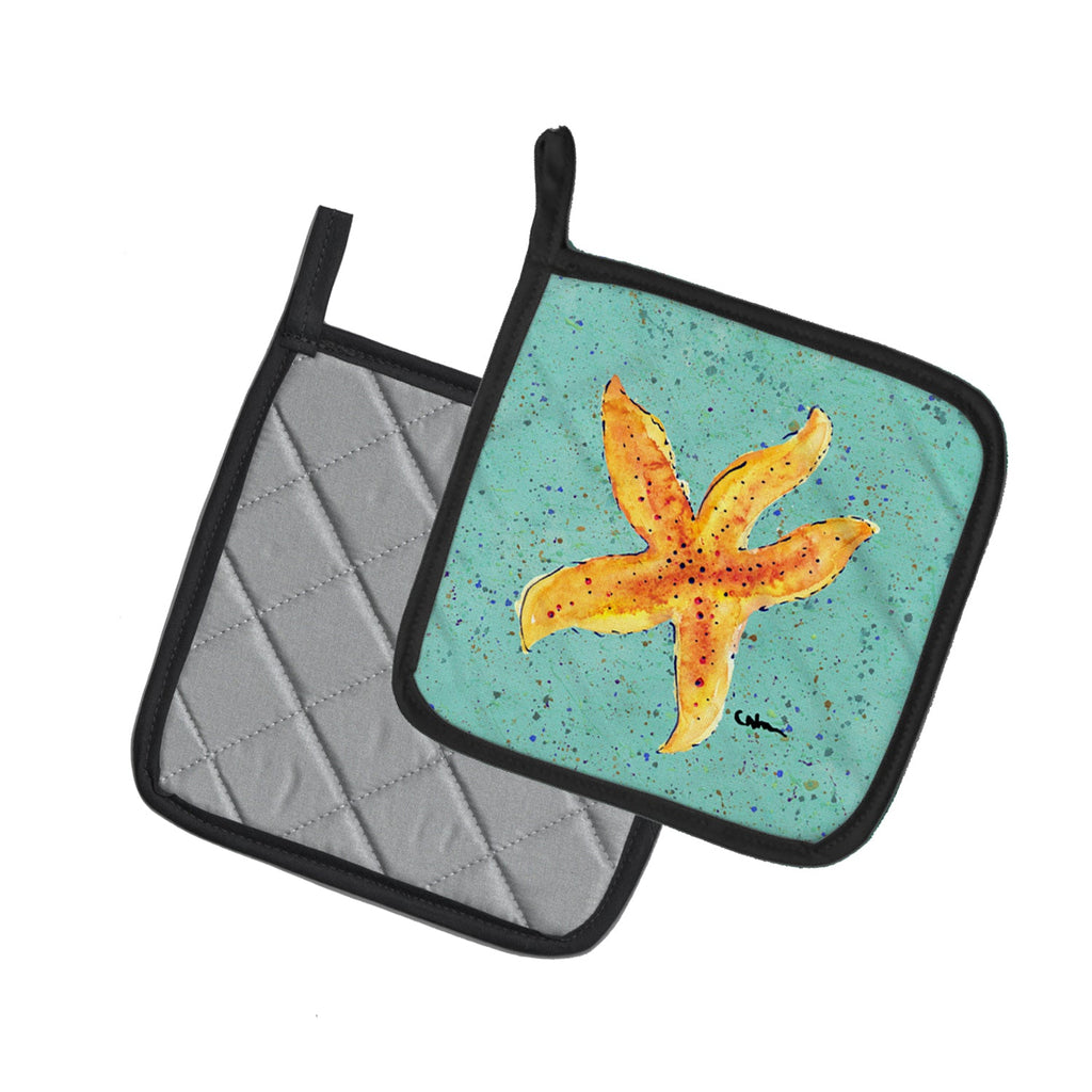 Starfish on Teal Pot Holder Set of 2 Heat Resistant Quilted Hot Pads 7.5 x 7.5 Inch, Insulated Kitchen Trivets for Cooking & Baking