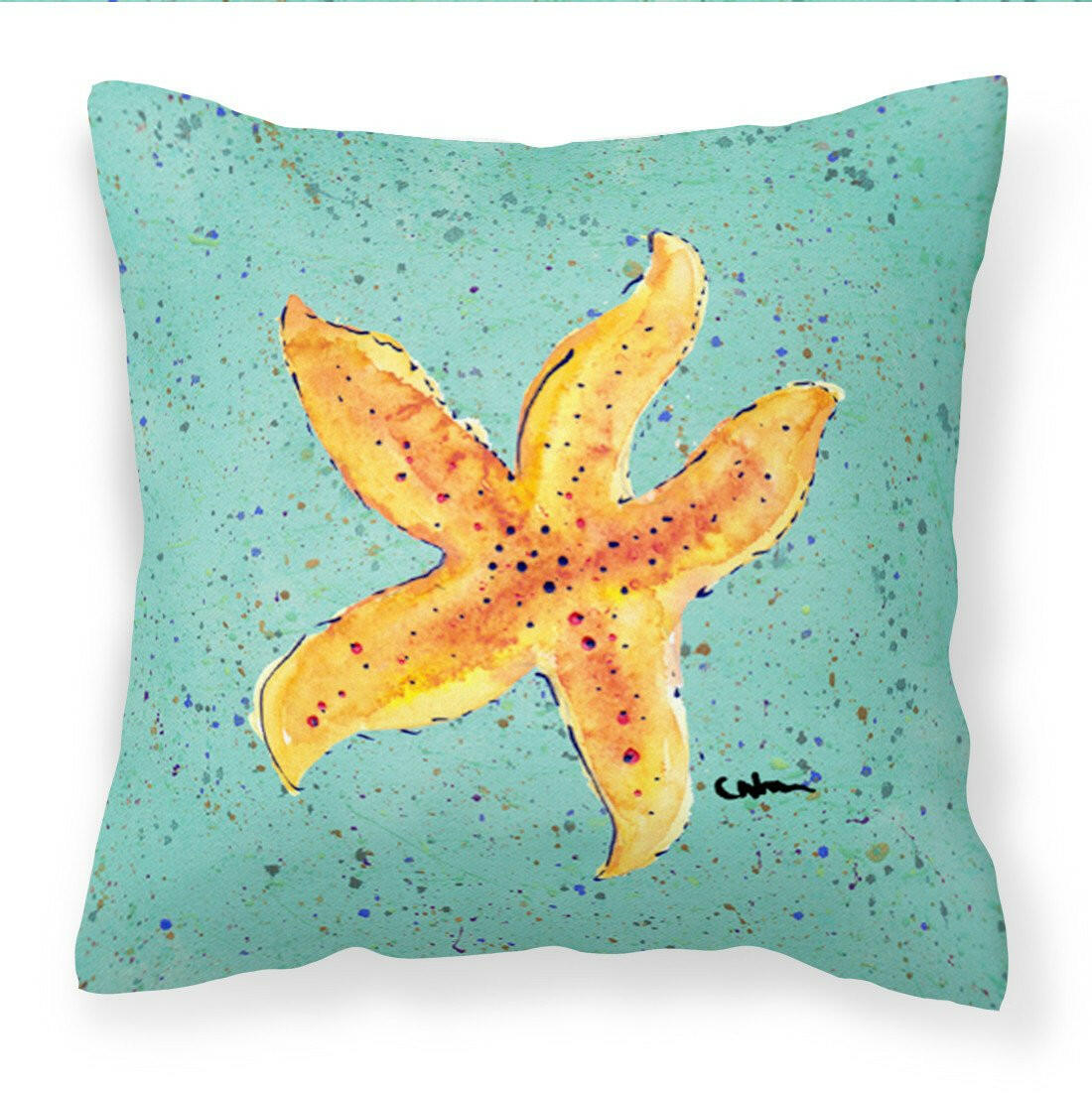 Starfish on Teal Decorative Throw Pillow 14x14 Indoor Outdoor Accent Cushion, Fabric Cover with Insert for Sofa, Bed, Porch & Living Room