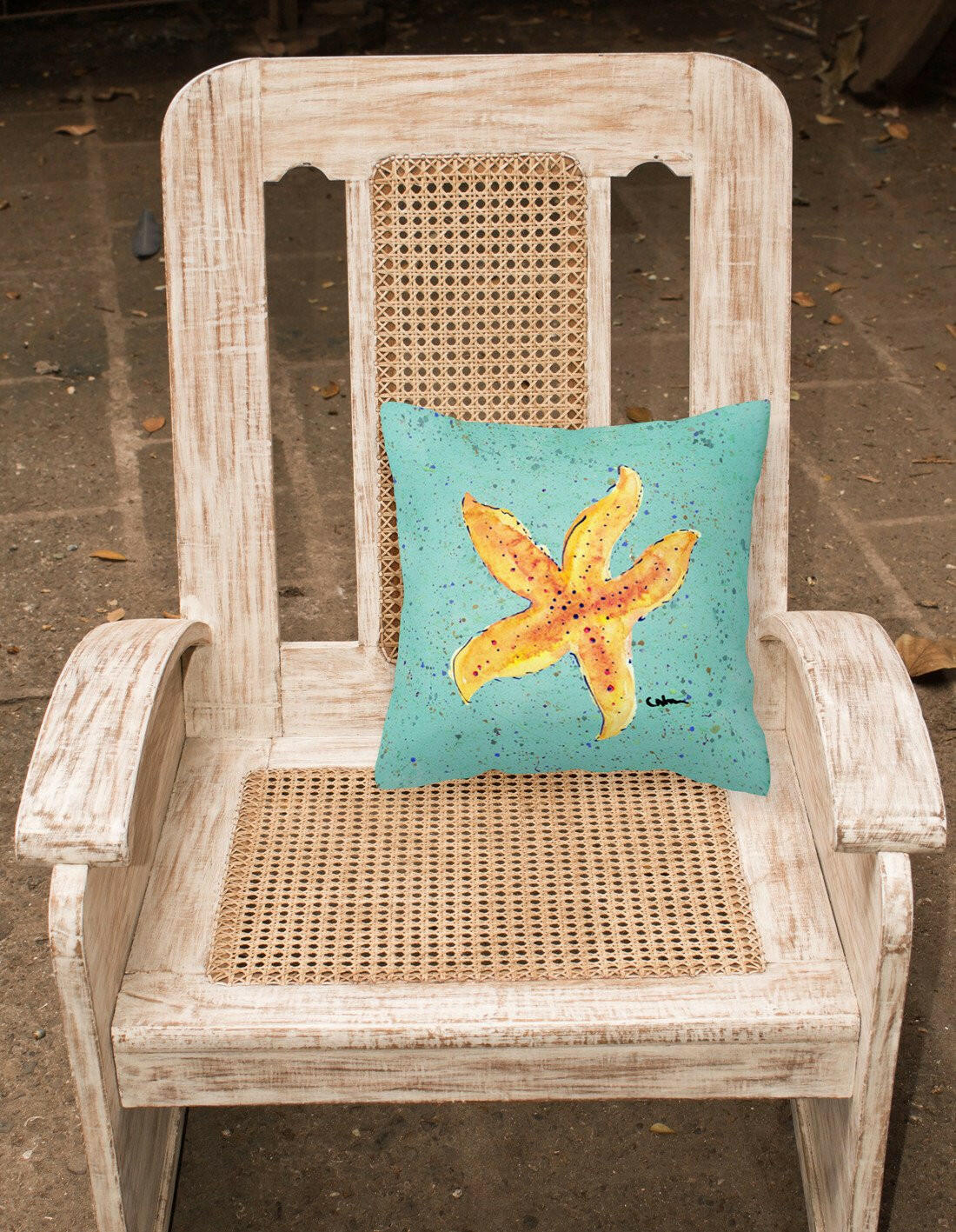 Starfish on Teal Decorative Throw Pillow 14x14 Indoor Outdoor Accent Cushion, Fabric Cover with Insert for Sofa, Bed, Porch & Living Room