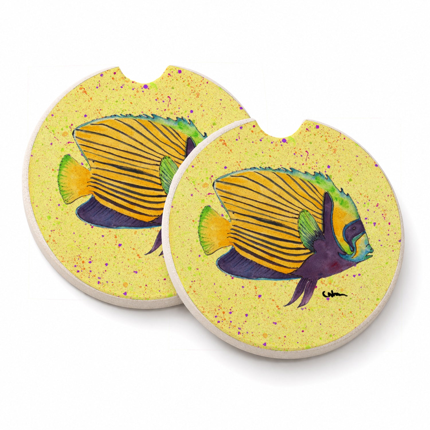 Yellow Fish on Yellow Set of 2 Cup Holder Car Coasters Absorbent Round Sandstone Coasters Gifts for Men or Women, 2.5, Multicolor
