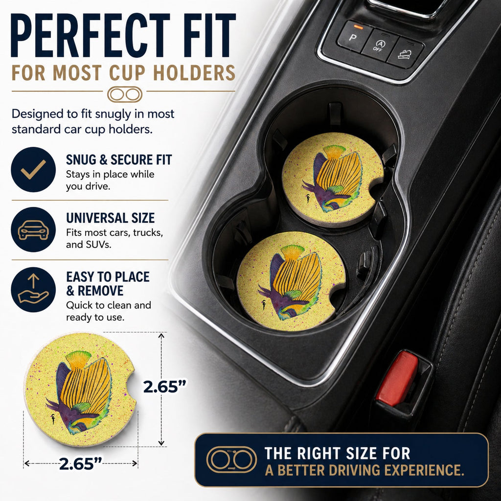 Yellow Fish on Yellow Set of 2 Cup Holder Car Coasters Absorbent Round Sandstone Coasters Gifts for Men or Women, 2.5, Multicolor