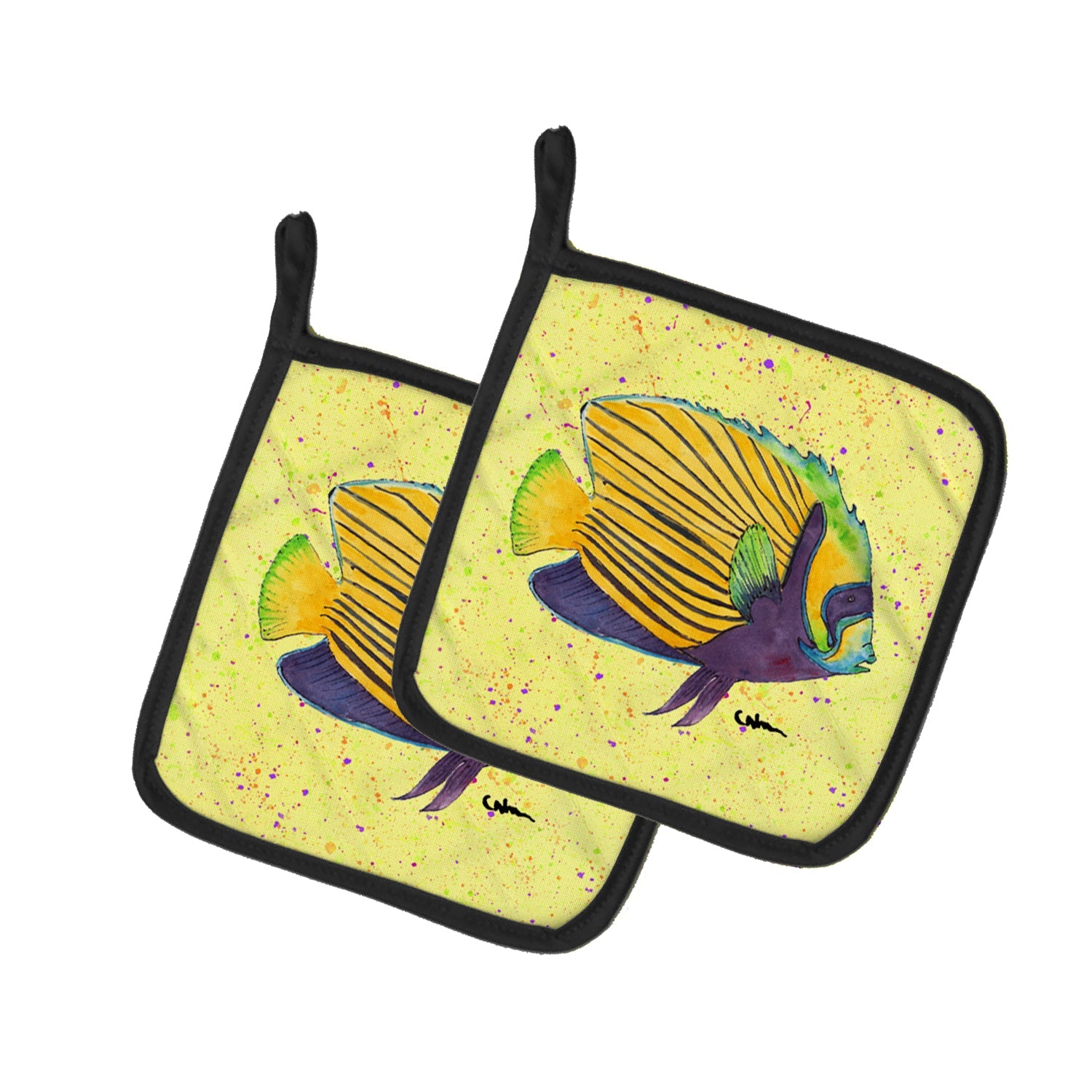Yellow Fish on Yellow Pot Holder Set of 2 Heat Resistant Quilted Hot Pads 7.5 x 7.5 Inch, Insulated Kitchen Trivets for Cooking & Baking