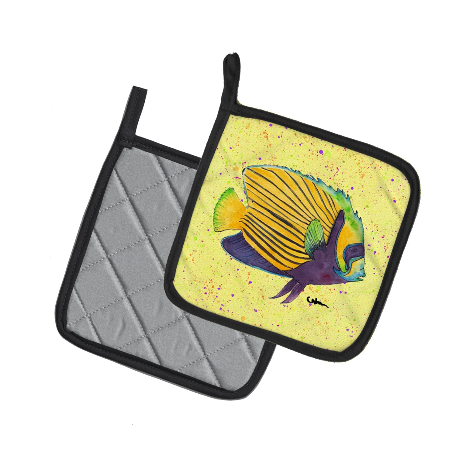 Yellow Fish on Yellow Pot Holder Set of 2 Heat Resistant Quilted Hot Pads 7.5 x 7.5 Inch, Insulated Kitchen Trivets for Cooking & Baking