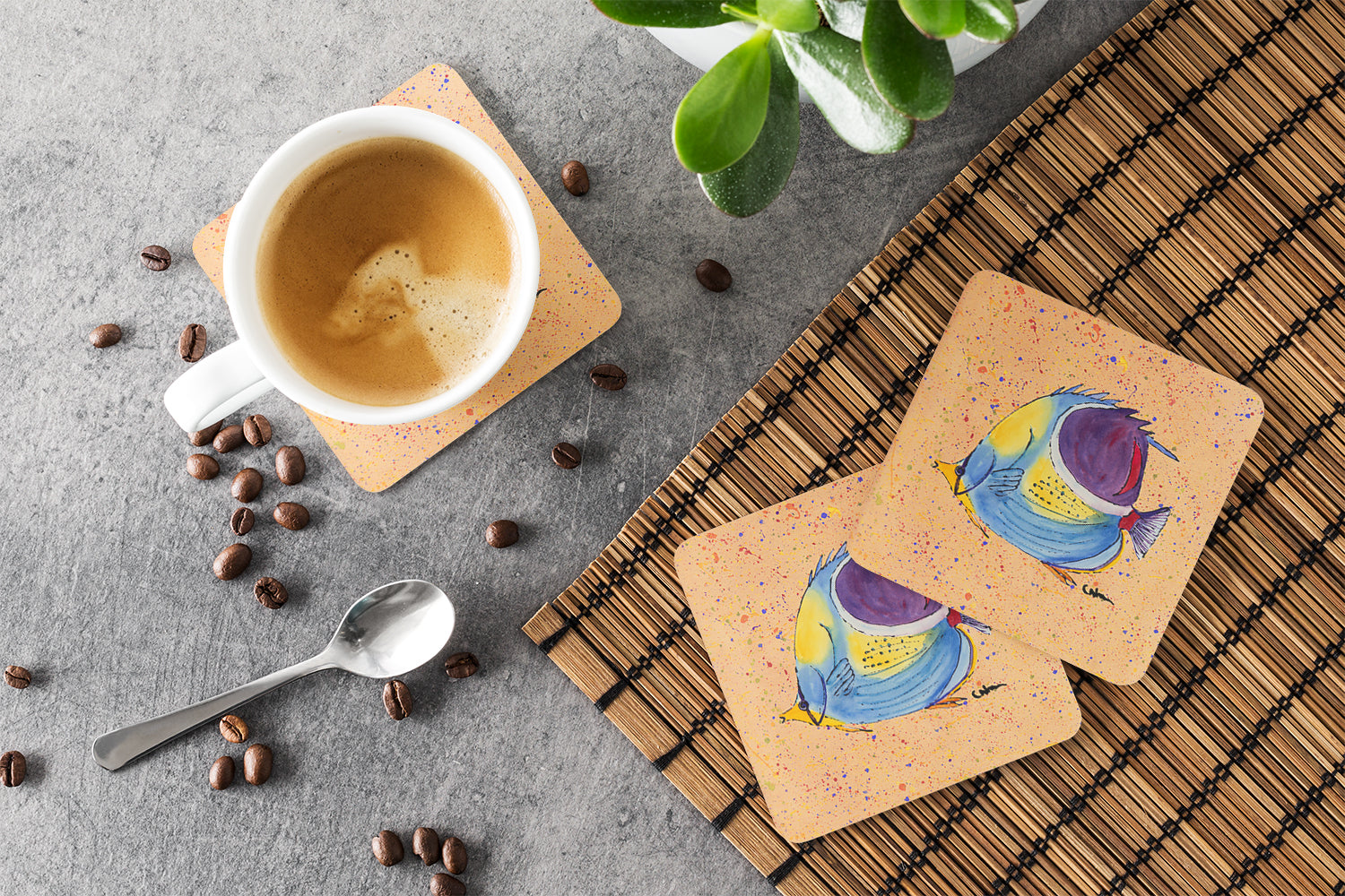Tropical Fish Foam Coasters Set of 4 Cup Coasters for Indoor Outdoor, Tabletop Protection, Anti Slip, Mouse pad Material
