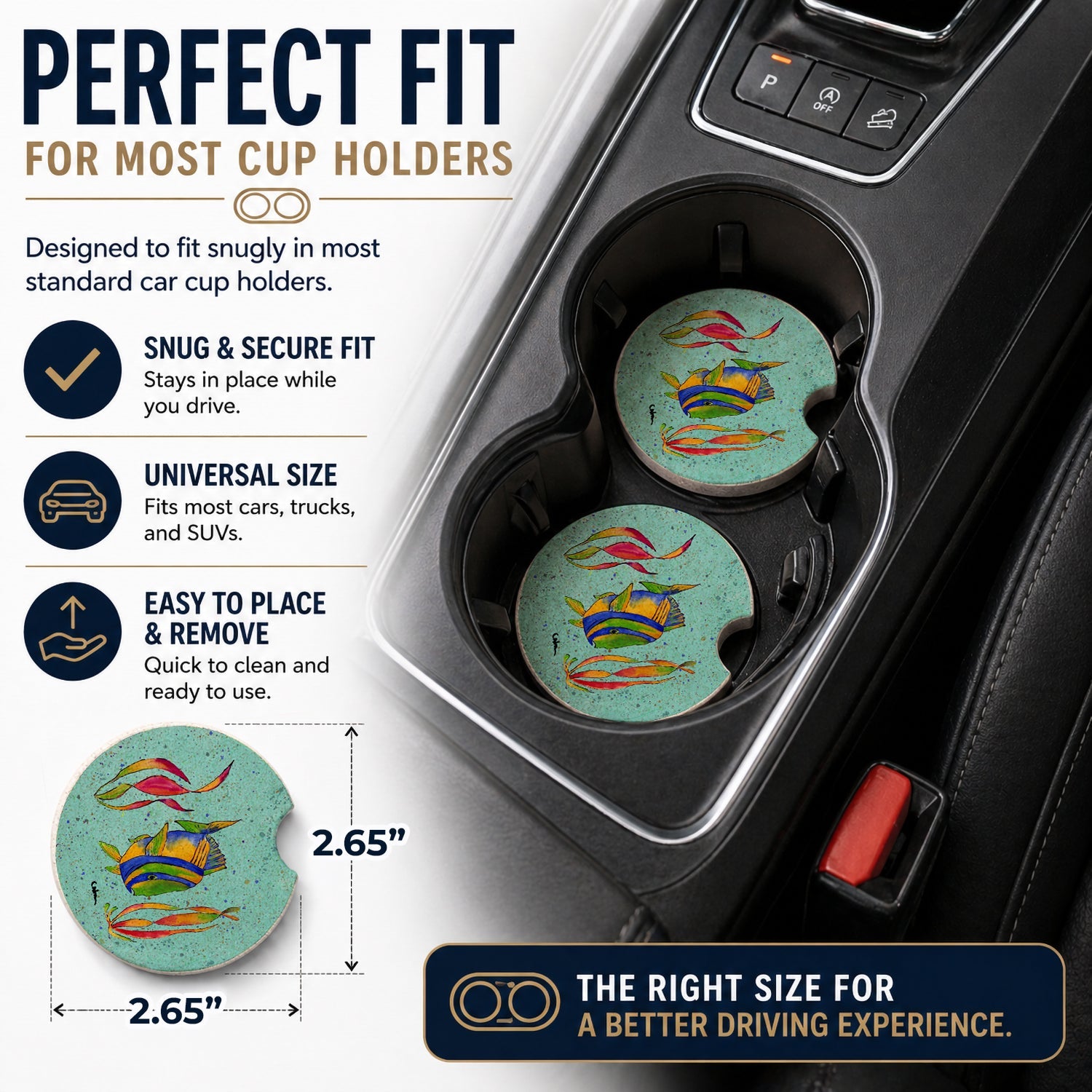 Tropical Fish Set of 2 Cup Holder Car Coasters Absorbent Round Sandstone Coasters Gifts for Men or Women, 2.5, Multicolor