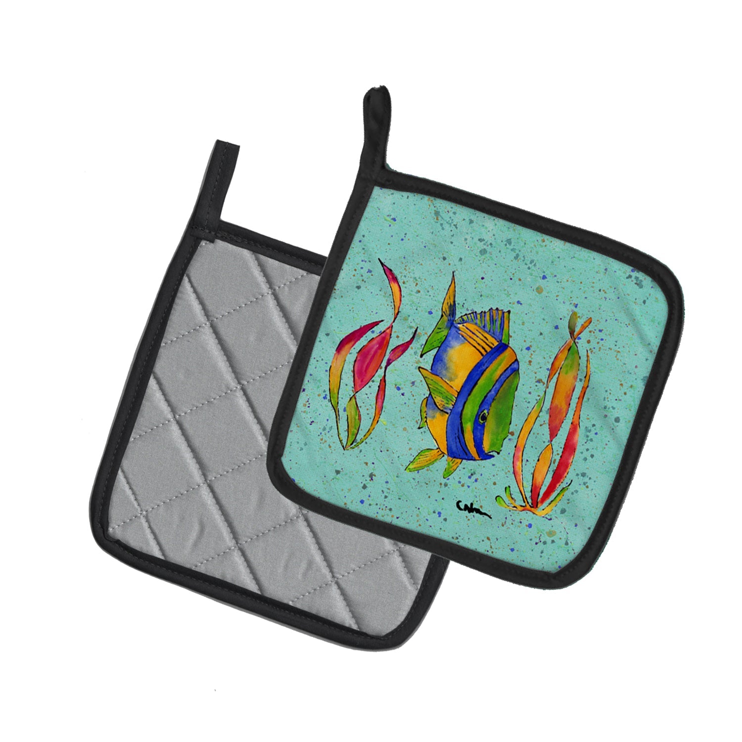 Tropical Fish Pot Holder Set of 2 Heat Resistant Quilted Hot Pads 7.5 x 7.5 Inch, Insulated Kitchen Trivets for Cooking & Baking