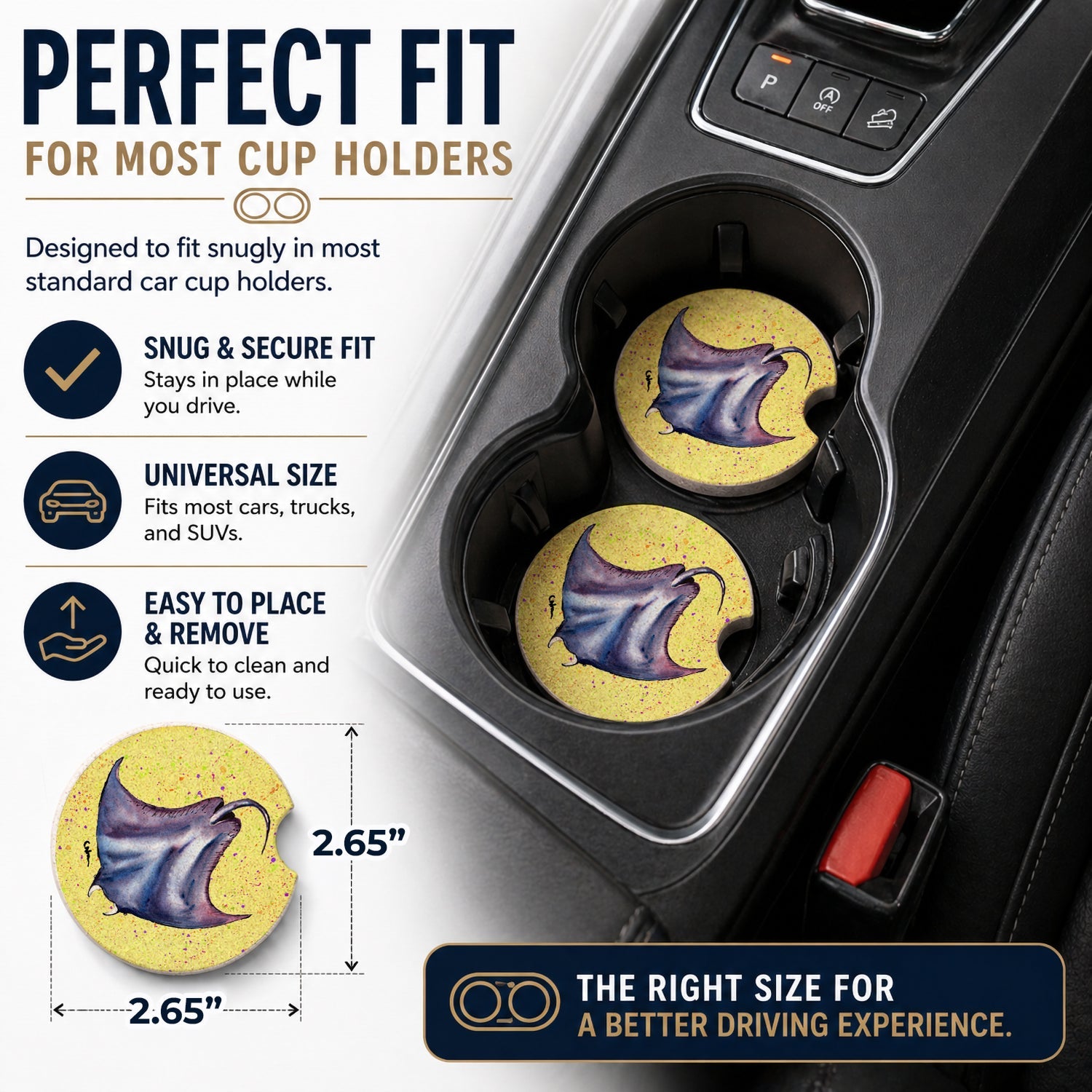 Stingray on Yellow Set of 2 Cup Holder Car Coasters Absorbent Round Sandstone Coasters Gifts for Men or Women, 2.5, Multicolor